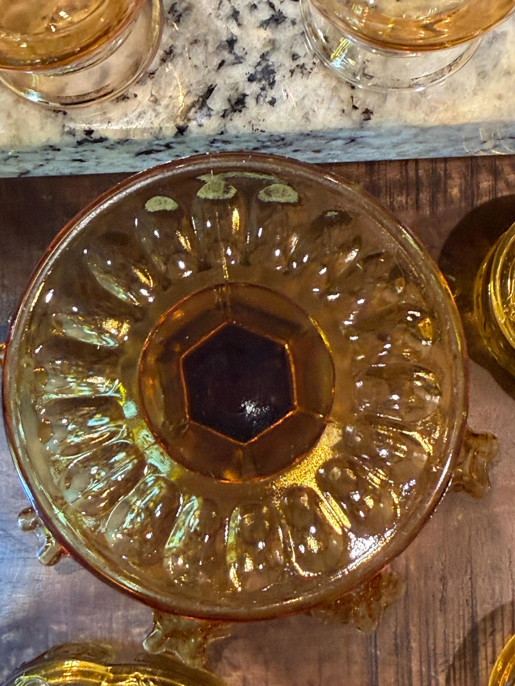 Amber Glass Pedestal Compote Bowl | Ruffled Rim | Mid Century Glass Centerpiece