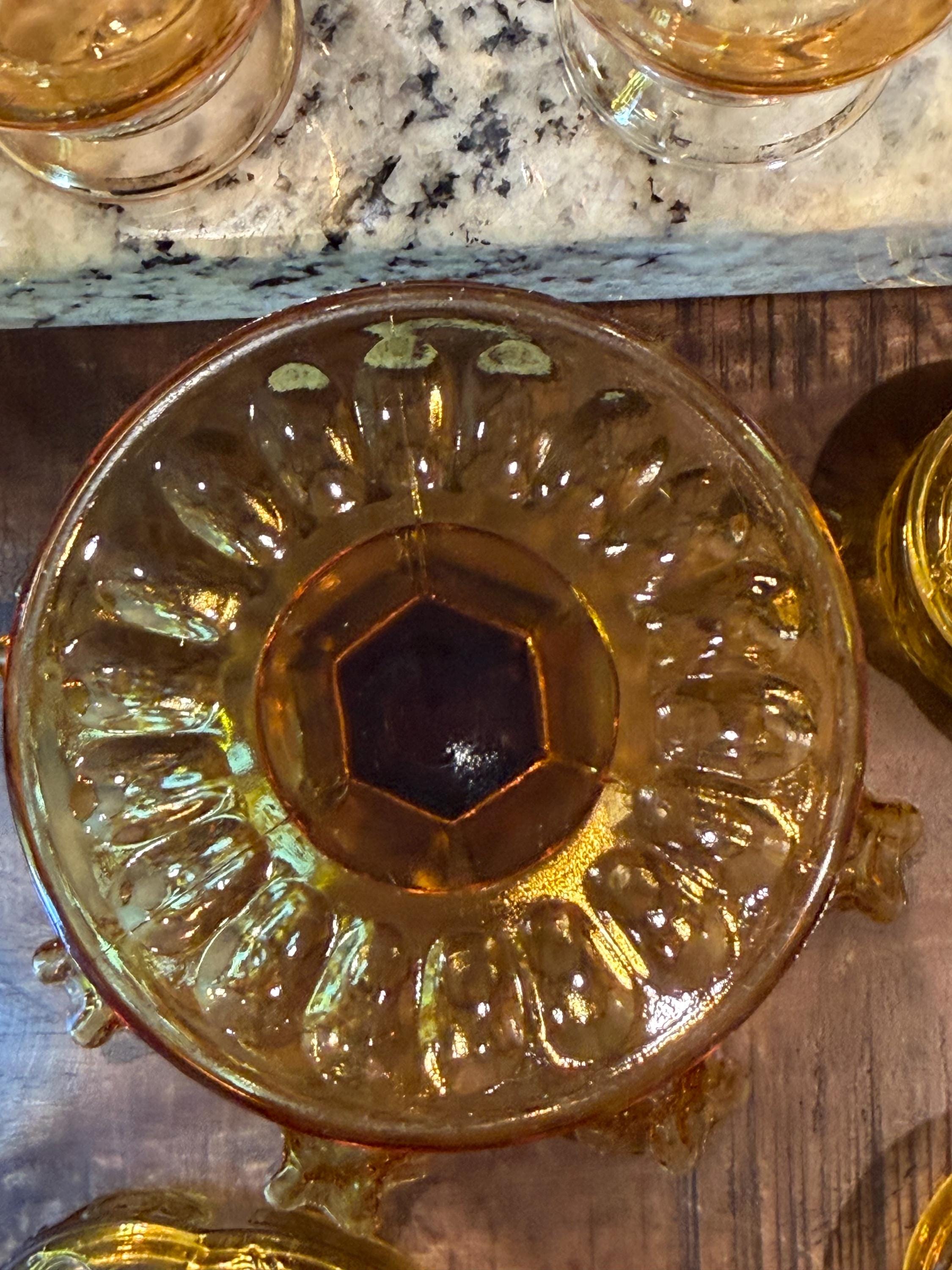 Amber Glass Pedestal Compote Bowl | Ruffled Rim | Mid Century Glass Centerpiece