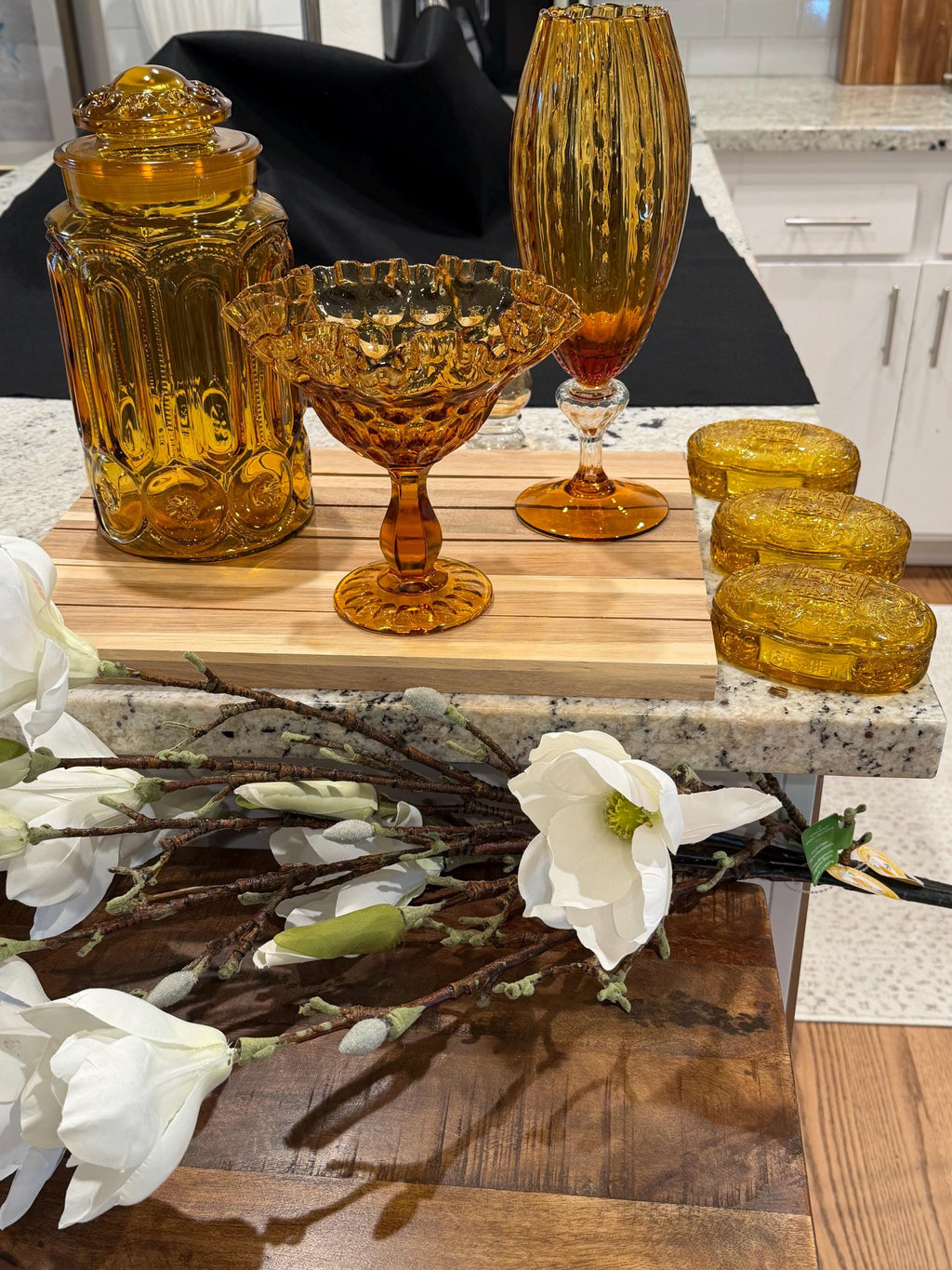Amber Glass Pedestal Compote Bowl | Ruffled Rim | Mid Century Glass Centerpiece