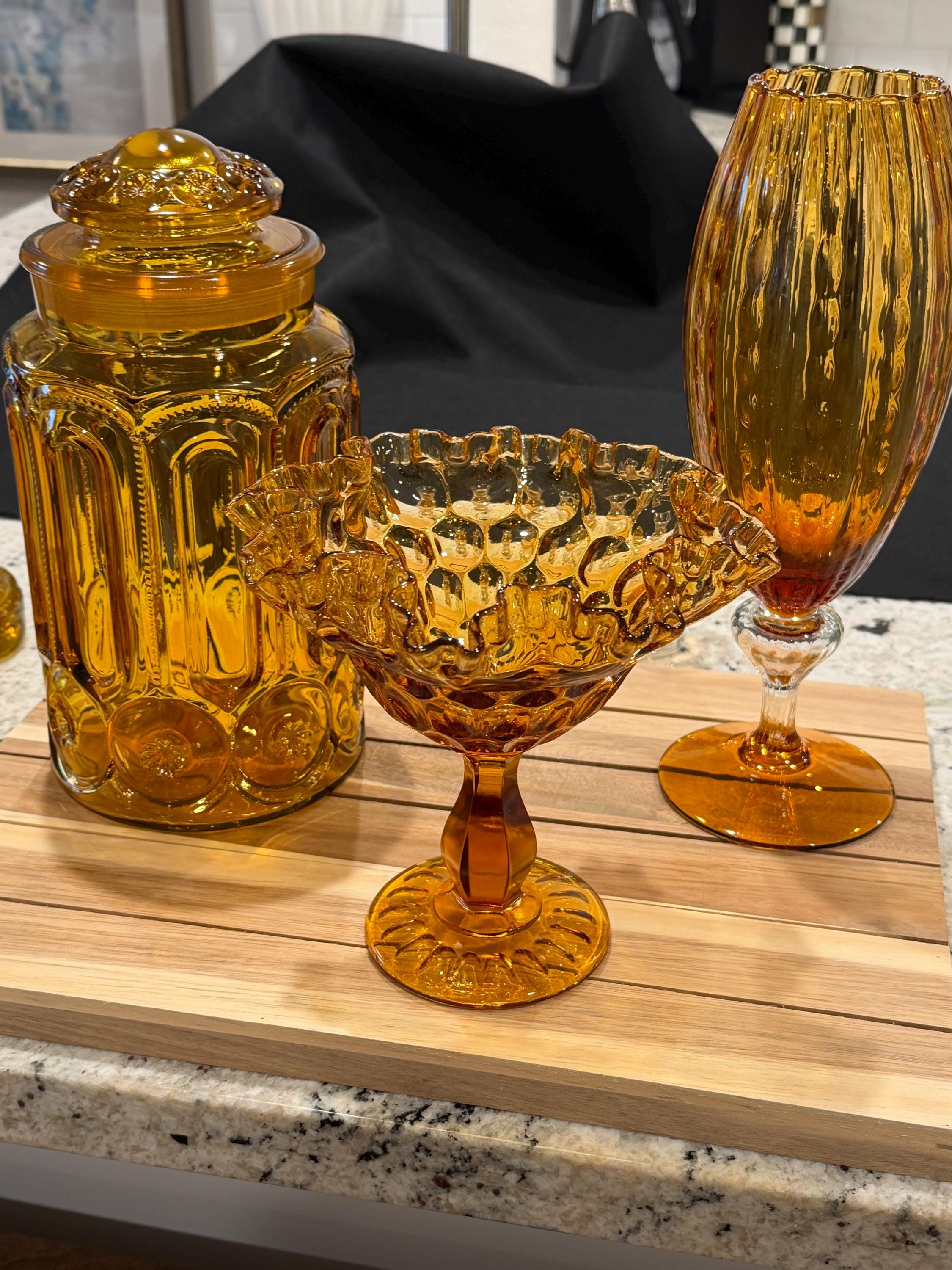 Amber Glass Pedestal Compote Bowl | Ruffled Rim | Mid Century Glass Centerpiece