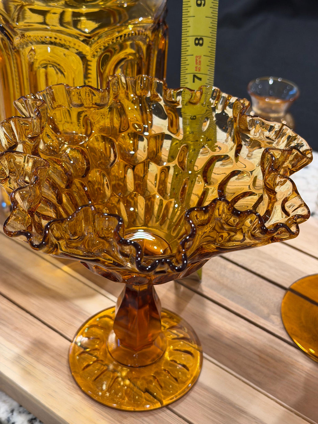 Amber Glass Pedestal Compote Bowl | Ruffled Rim | Mid Century Glass Centerpiece