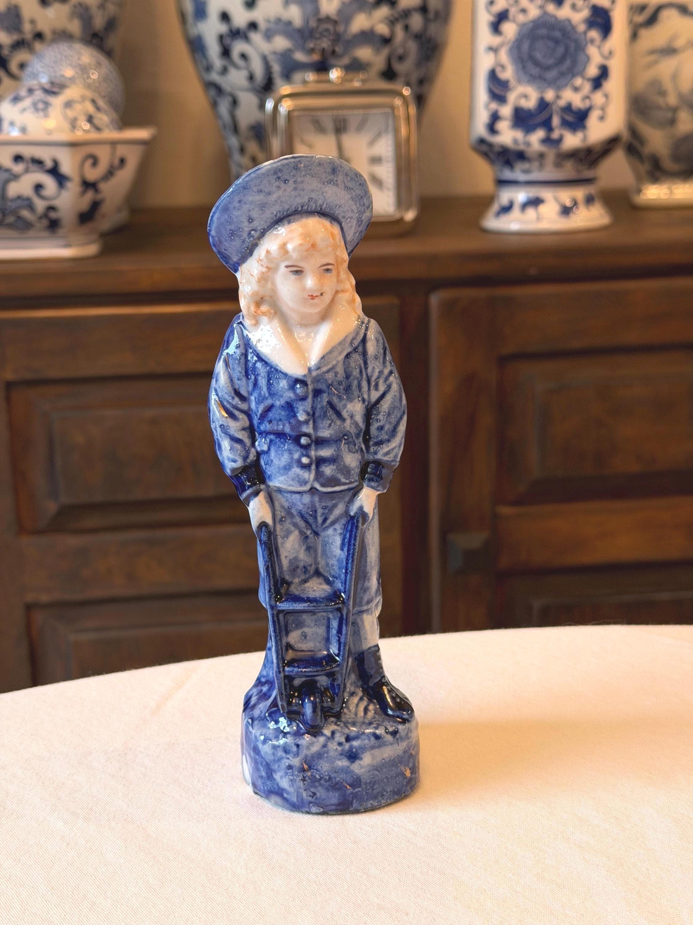 Blue & White Ceramic Figurine with Wheelbarrow – Victorian Style Decorative Statue