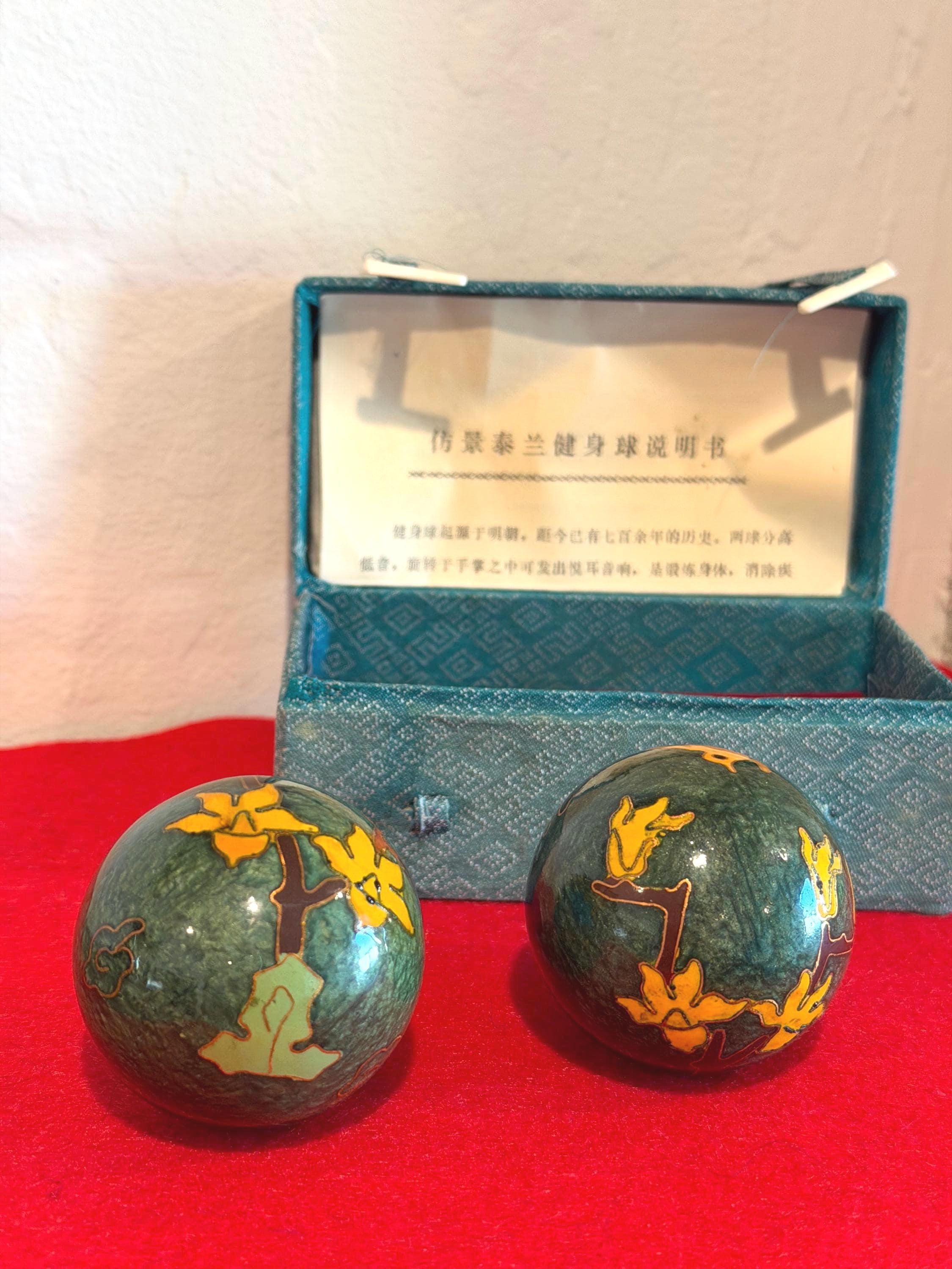Cloisonné Baoding Health Balls w/ Original Box & Instructions – Green Enamel Meditation Spheres