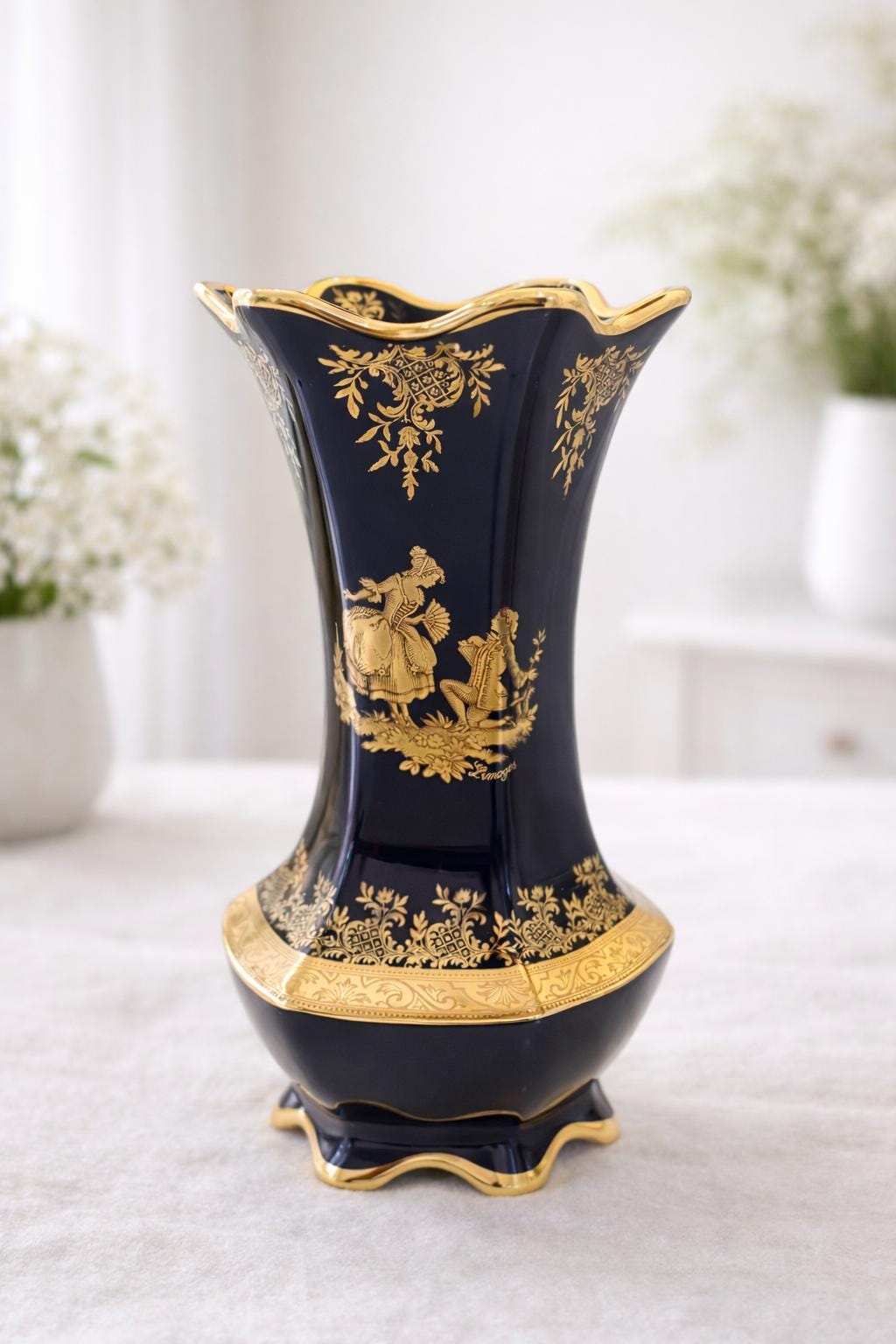 Limoges Cobalt Blue Porcelain Vase and Teacup Set – 24K Gold Gilt Courting Scene