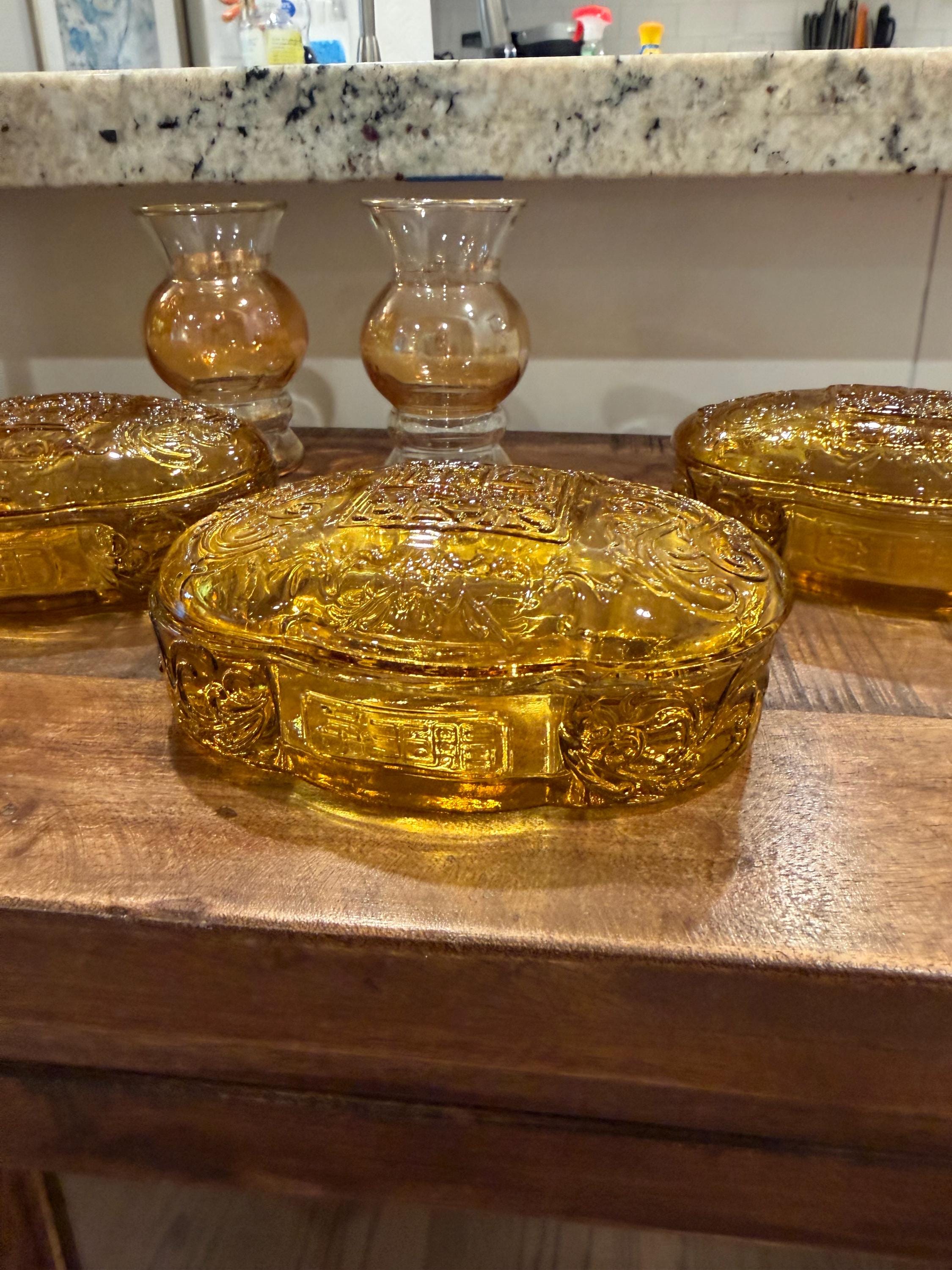 Amber Glass Trinket Boxes Set – Embossed Oval Lidded Vanity Keepsake Boxes