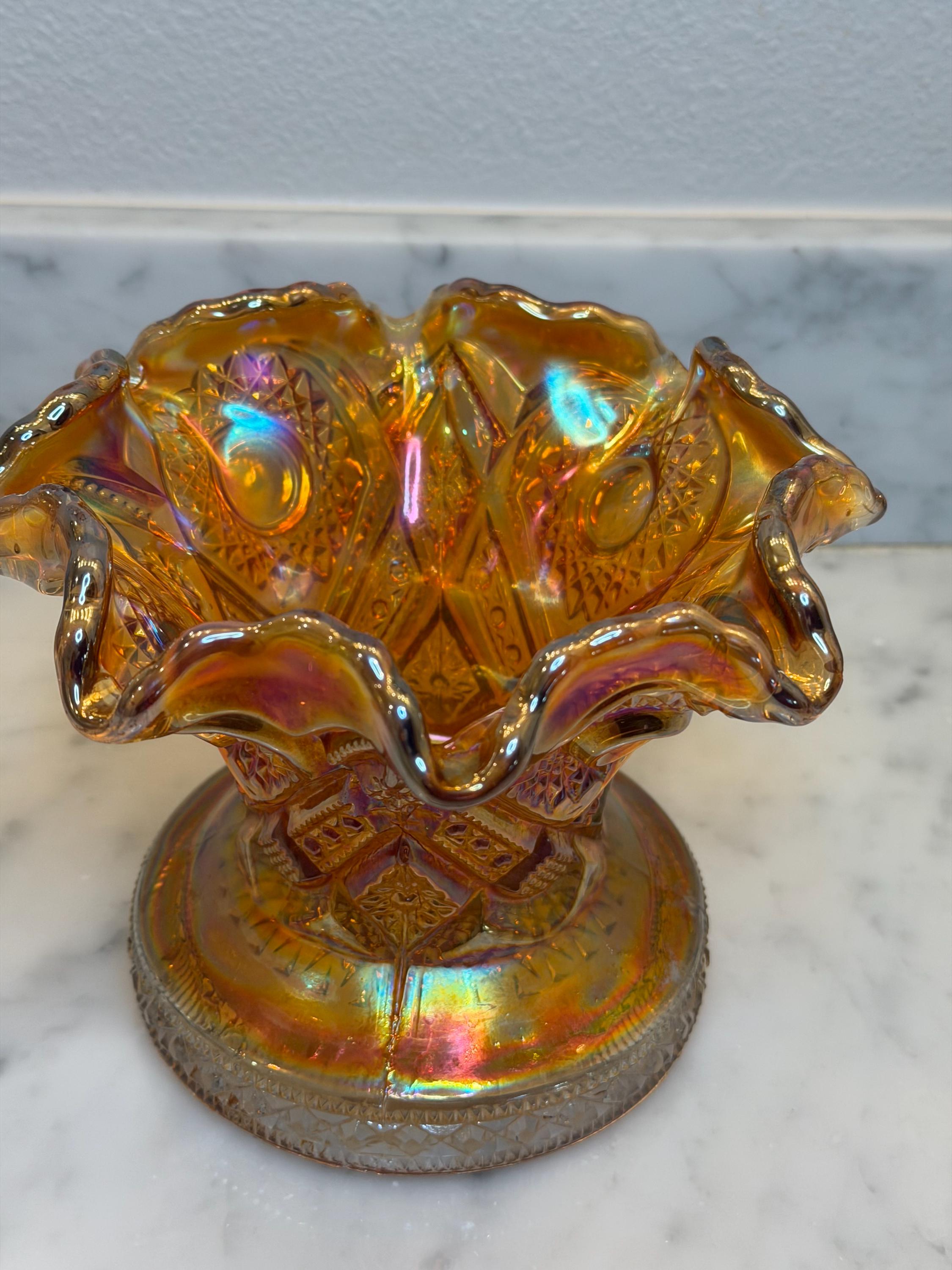 Imperial Marigold Carnival Glass Punch Bowl Base – Iridescent Ruffled Pedestal Centerpiece