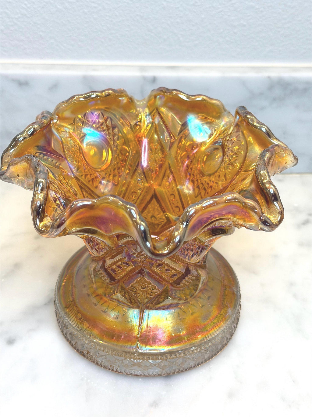 Imperial Marigold Carnival Glass Punch Bowl Base – Iridescent Ruffled Pedestal Centerpiece