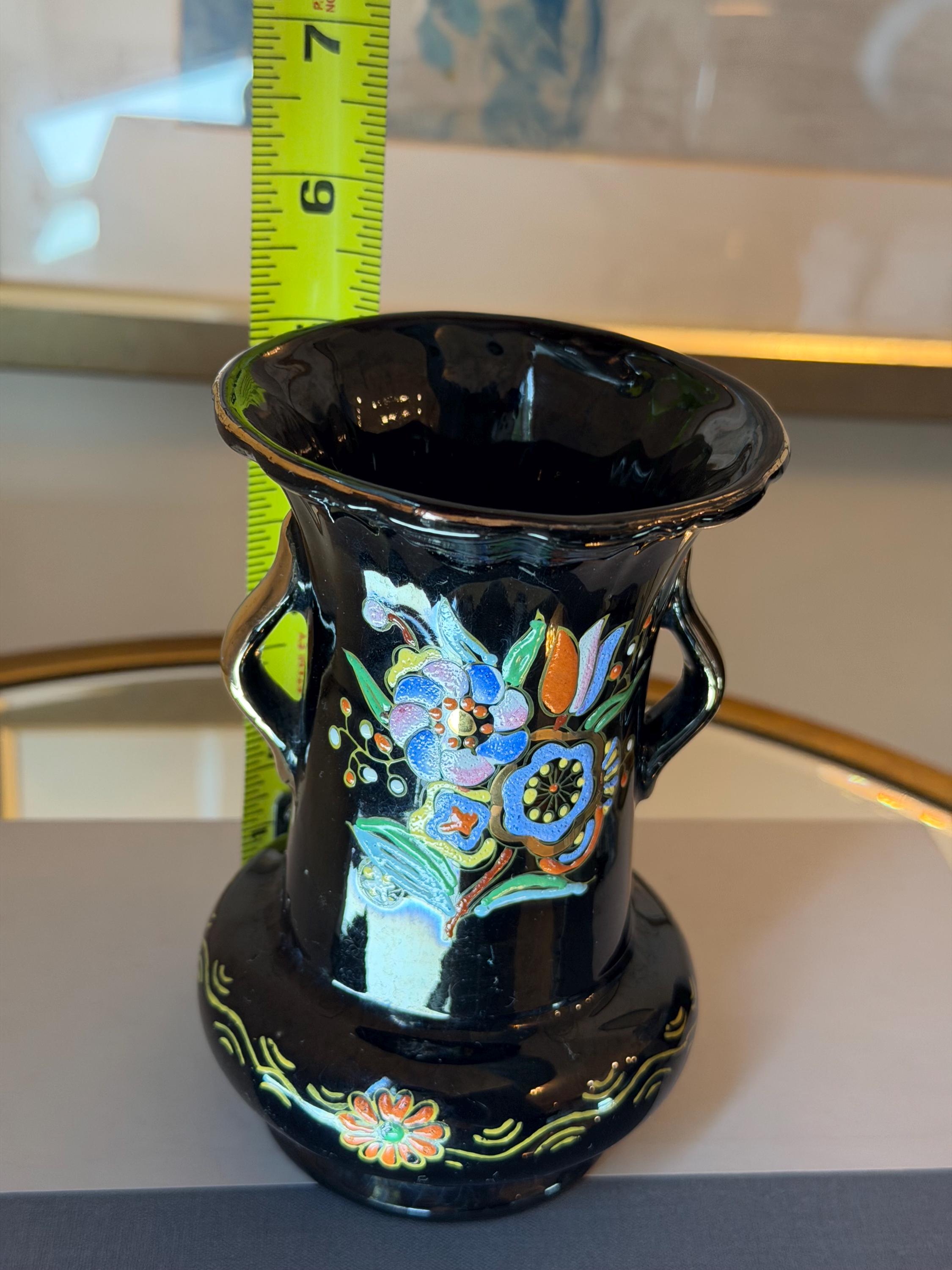 Hand Painted Spanish Ceramic Vase: Black Glaze Folk Art Mediterranean Floral Decor