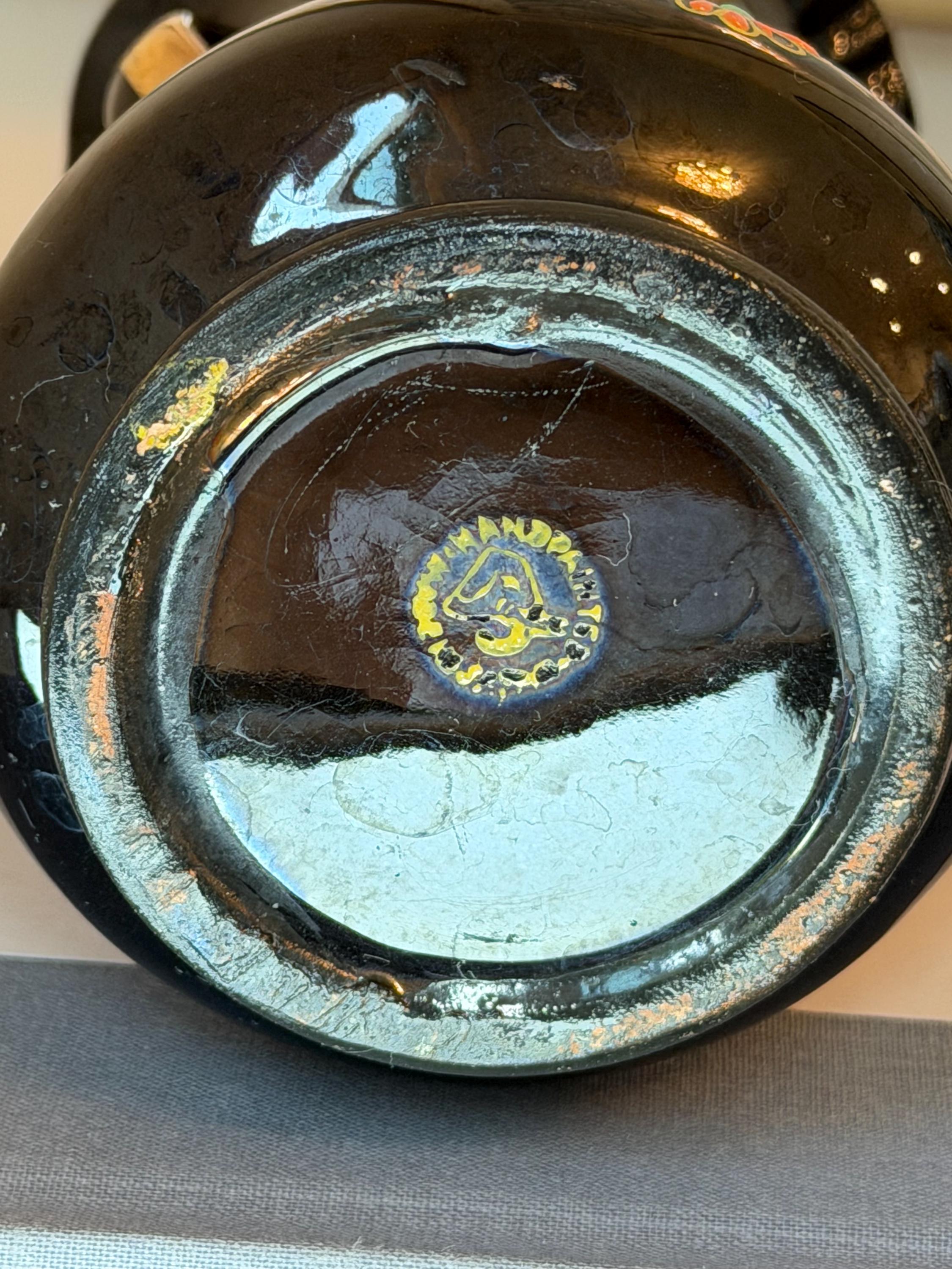 Hand Painted Spanish Ceramic Vase: Black Glaze Folk Art Mediterranean Floral Decor