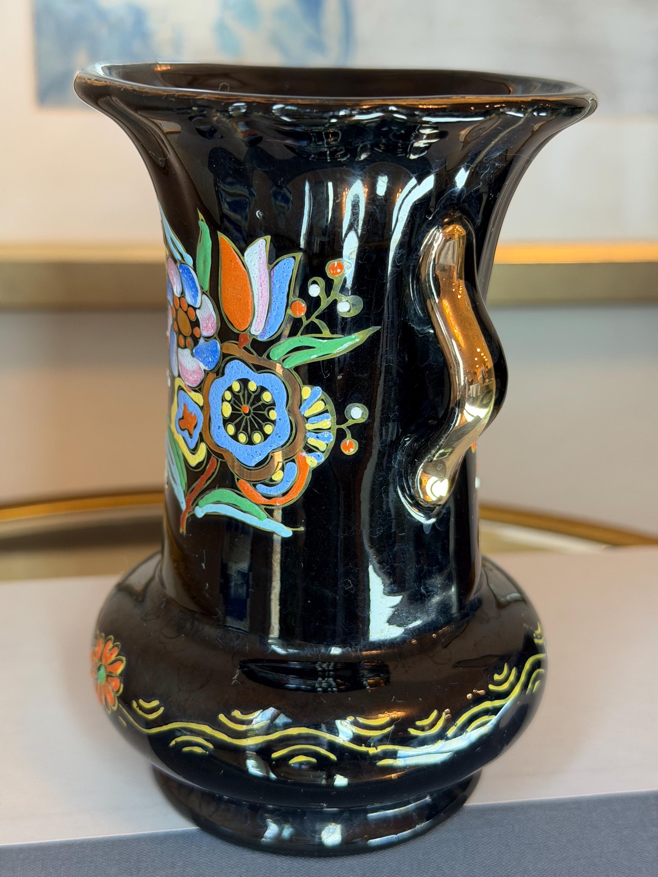 Hand Painted Spanish Ceramic Vase: Black Glaze Folk Art Mediterranean Floral Decor