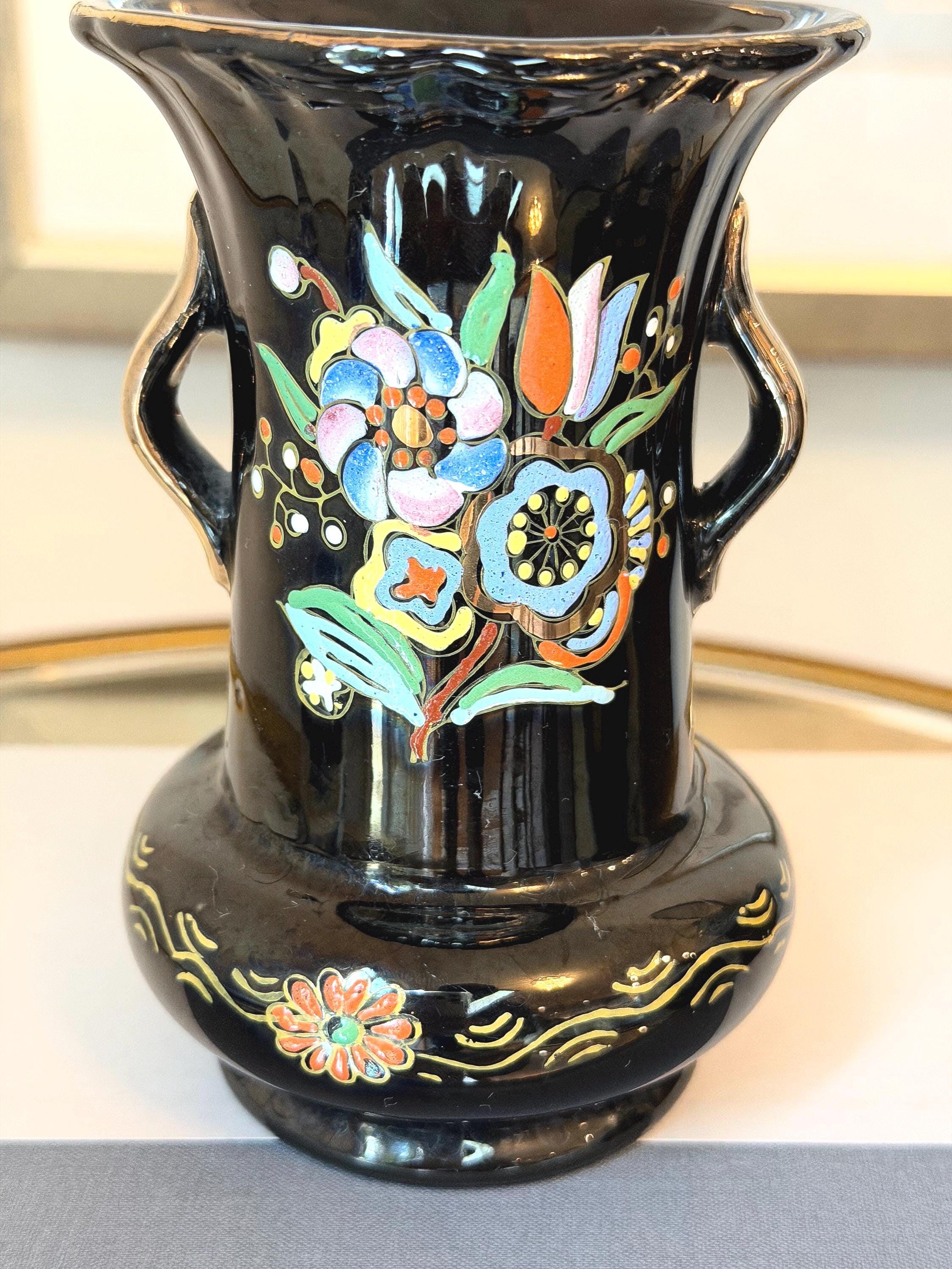 Hand Painted Spanish Ceramic Vase: Black Glaze Folk Art Mediterranean Floral Decor