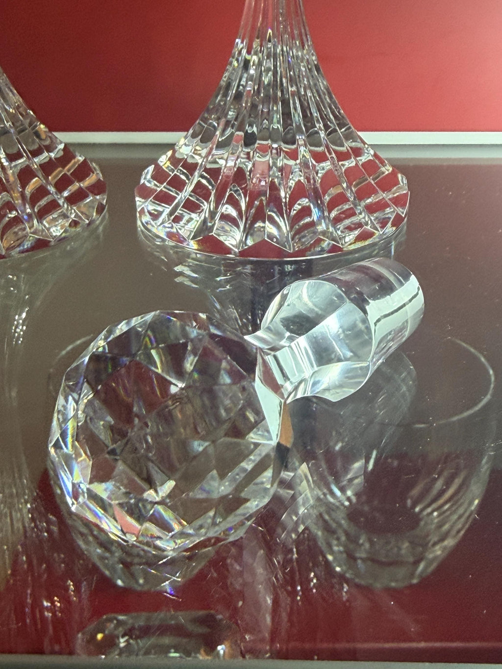 Heavy Cut Crystal Cruet Decanter w Stopper Starburst Base 7 Tall Vintage
