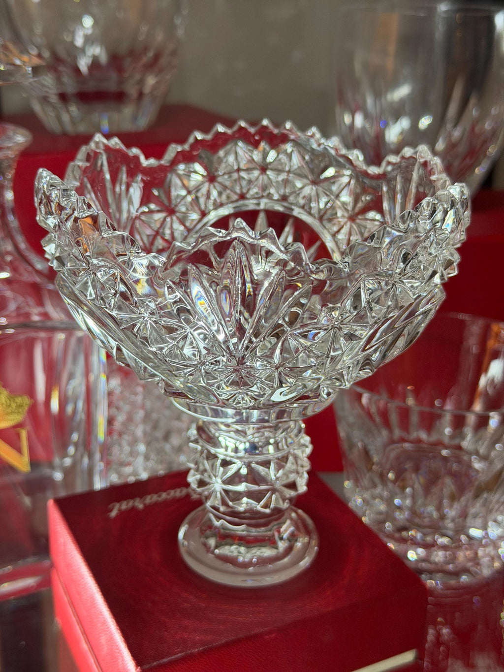 Daisy & Button Pressed Glass Pedestal Bowl | Scalloped Rim Candy Dish | Clear Glass Compote