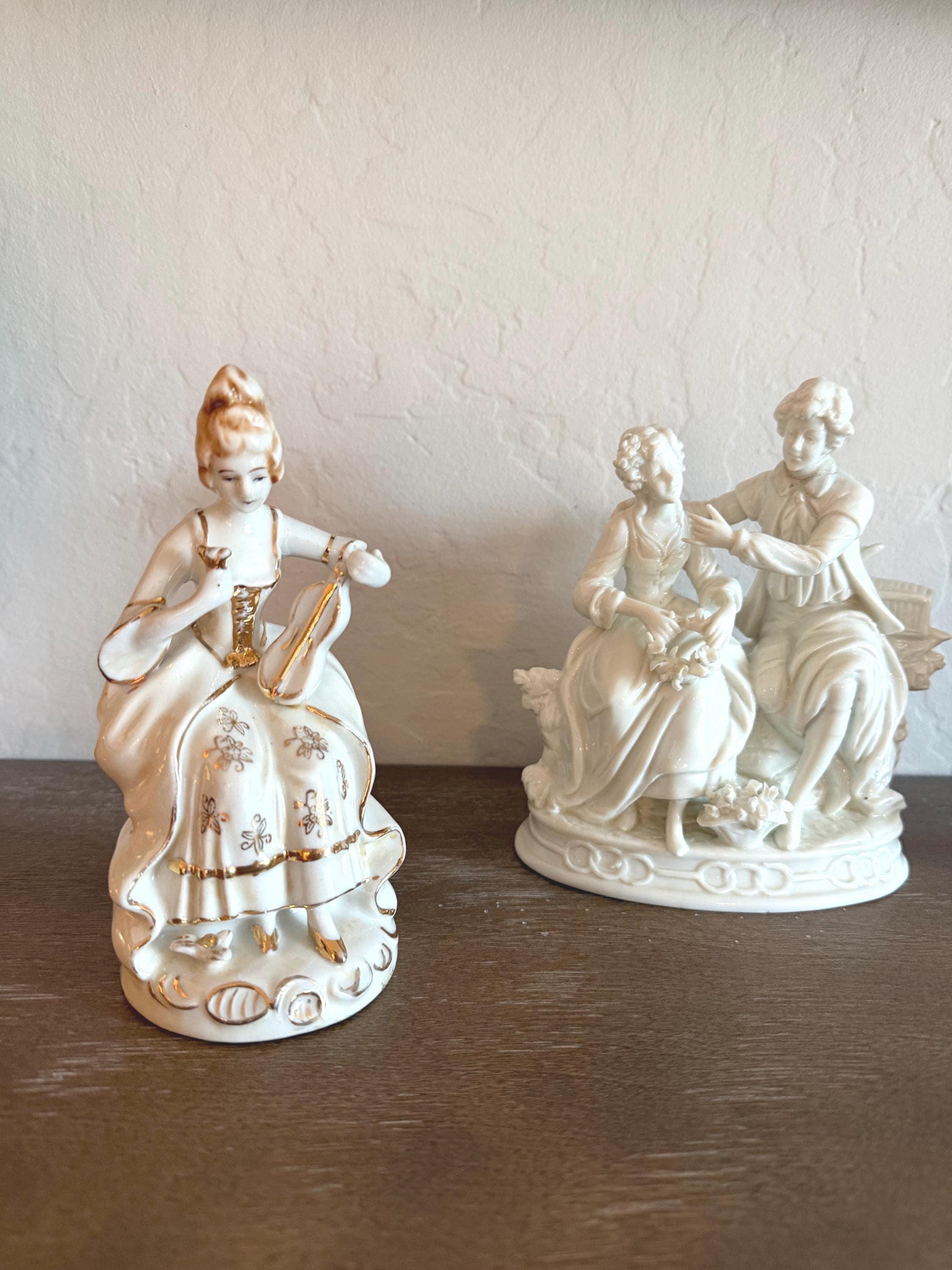 Japan Porcelain Figurines | Rococo Lady & Romantic Couple | Mid-Century