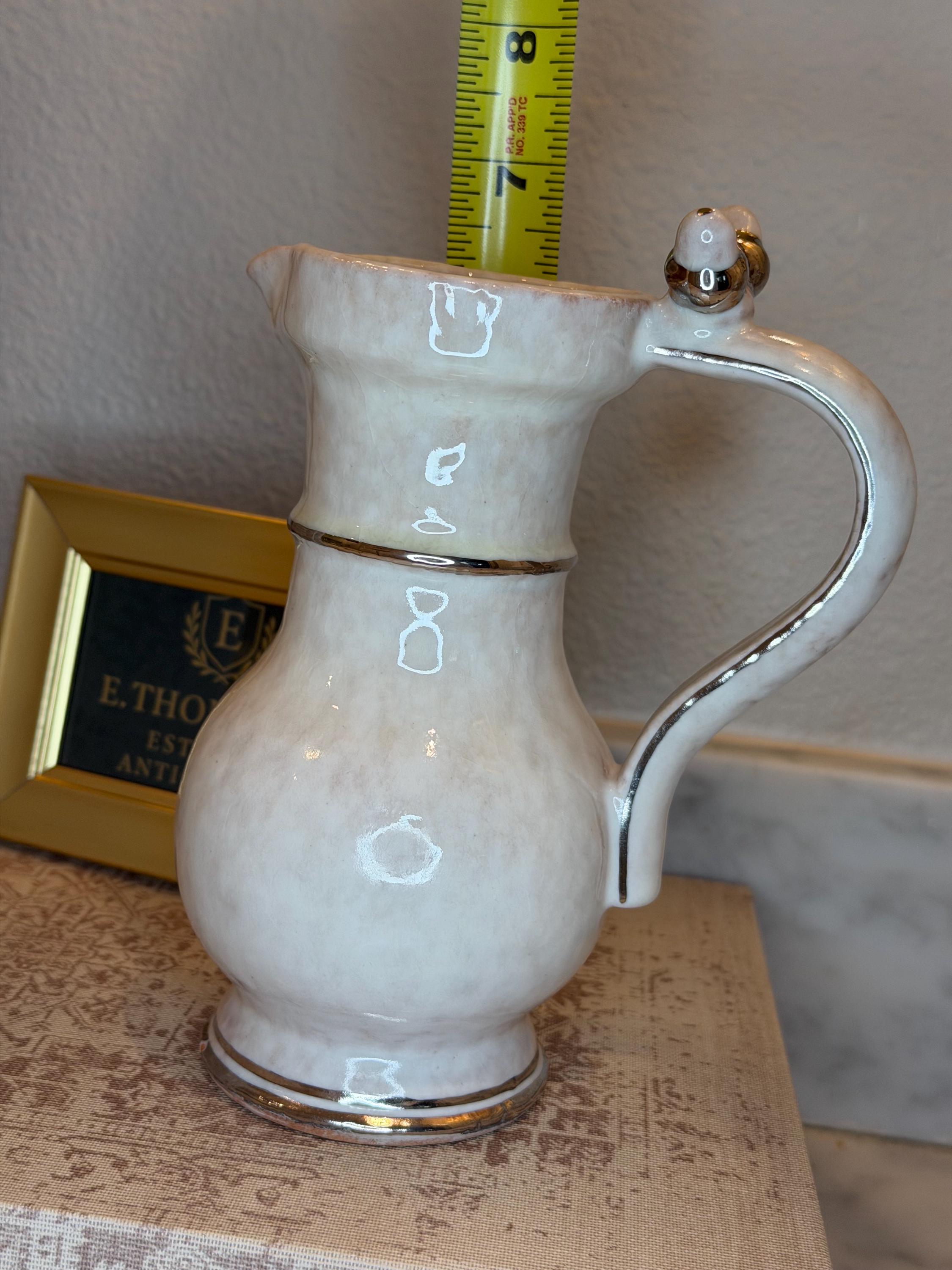 Noritake Pottery Pitcher | Marbled Alabaster Glaze, Gold Bow Handle