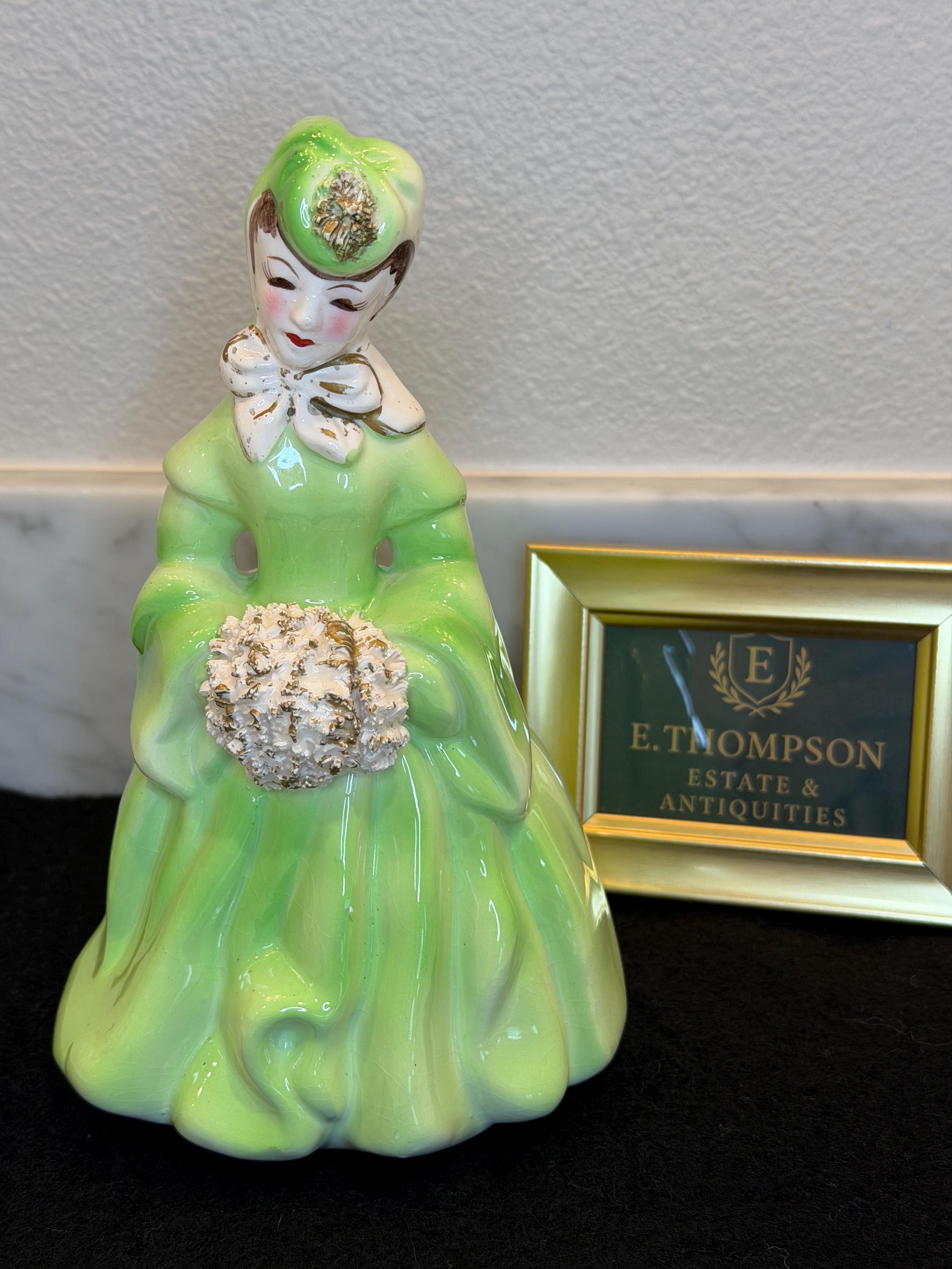 Lady Head Vase | 1950s Green Dress Ceramic Planter Vintage