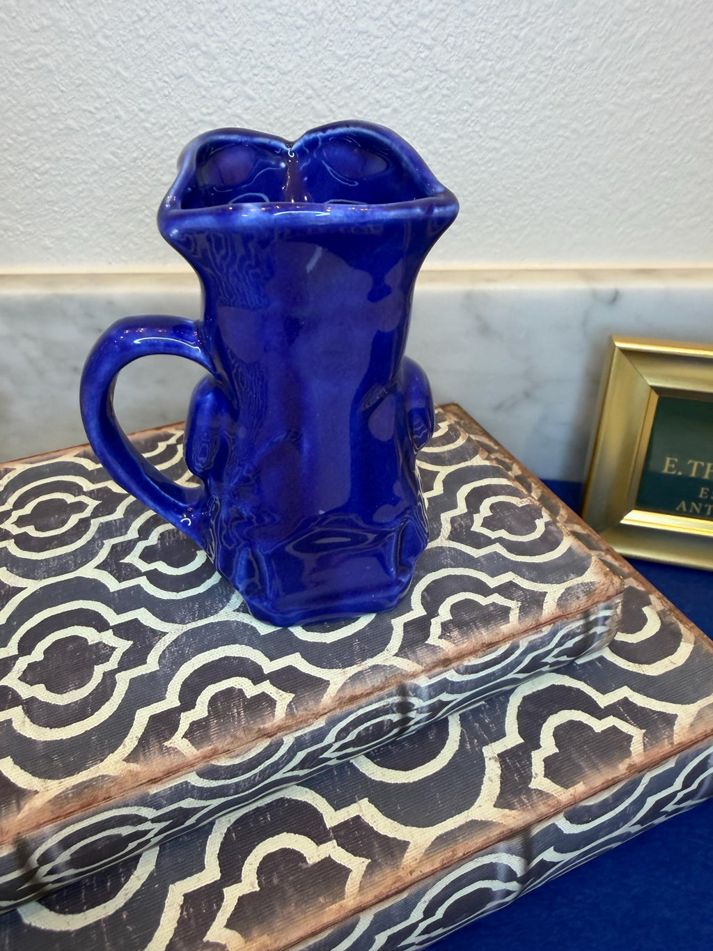 Cobalt Blue Toby Pitcher | Mid-Century Glazed Ceramic Character Jug