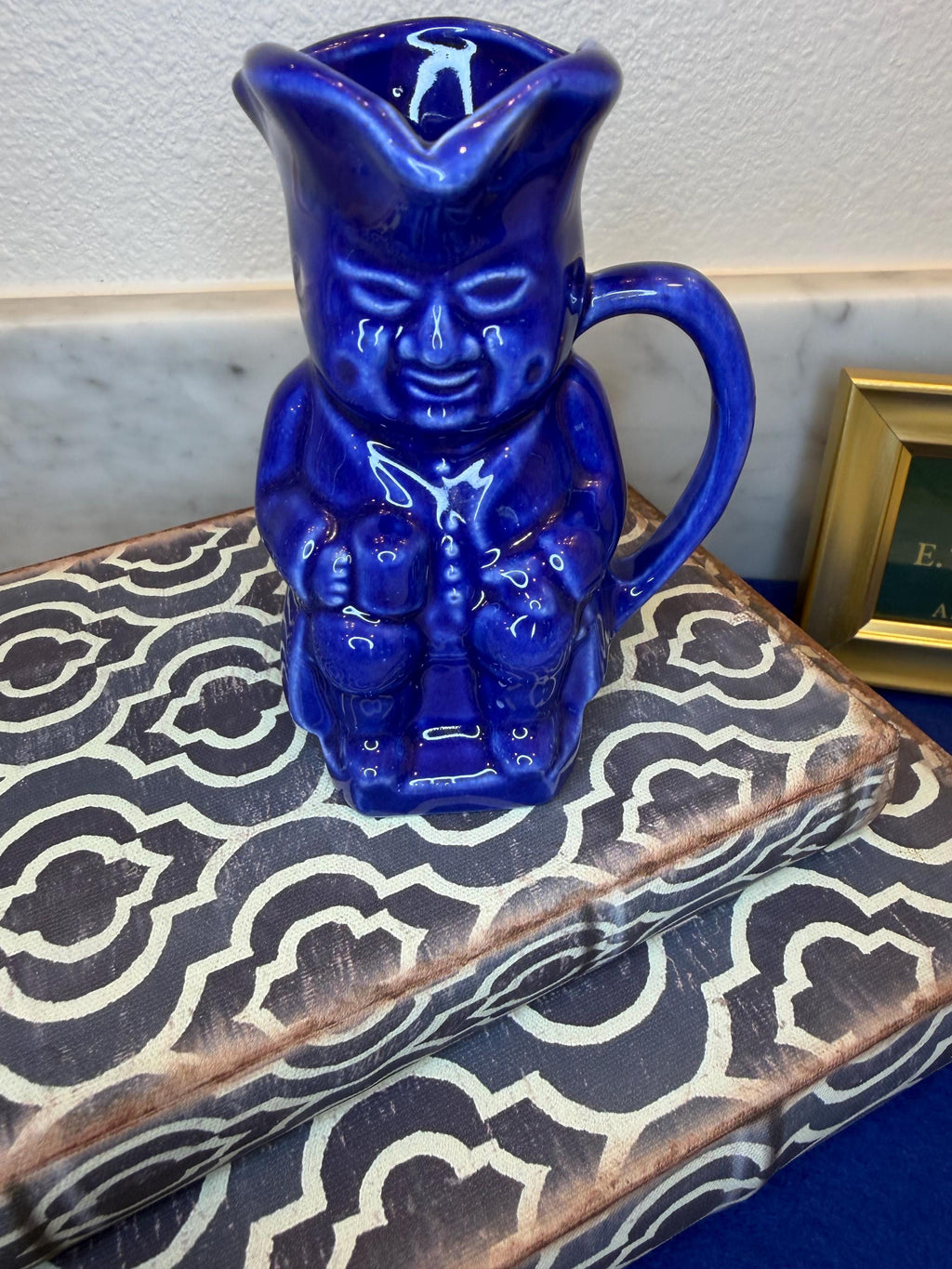 Cobalt Blue Toby Pitcher | Mid-Century Glazed Ceramic Character Jug