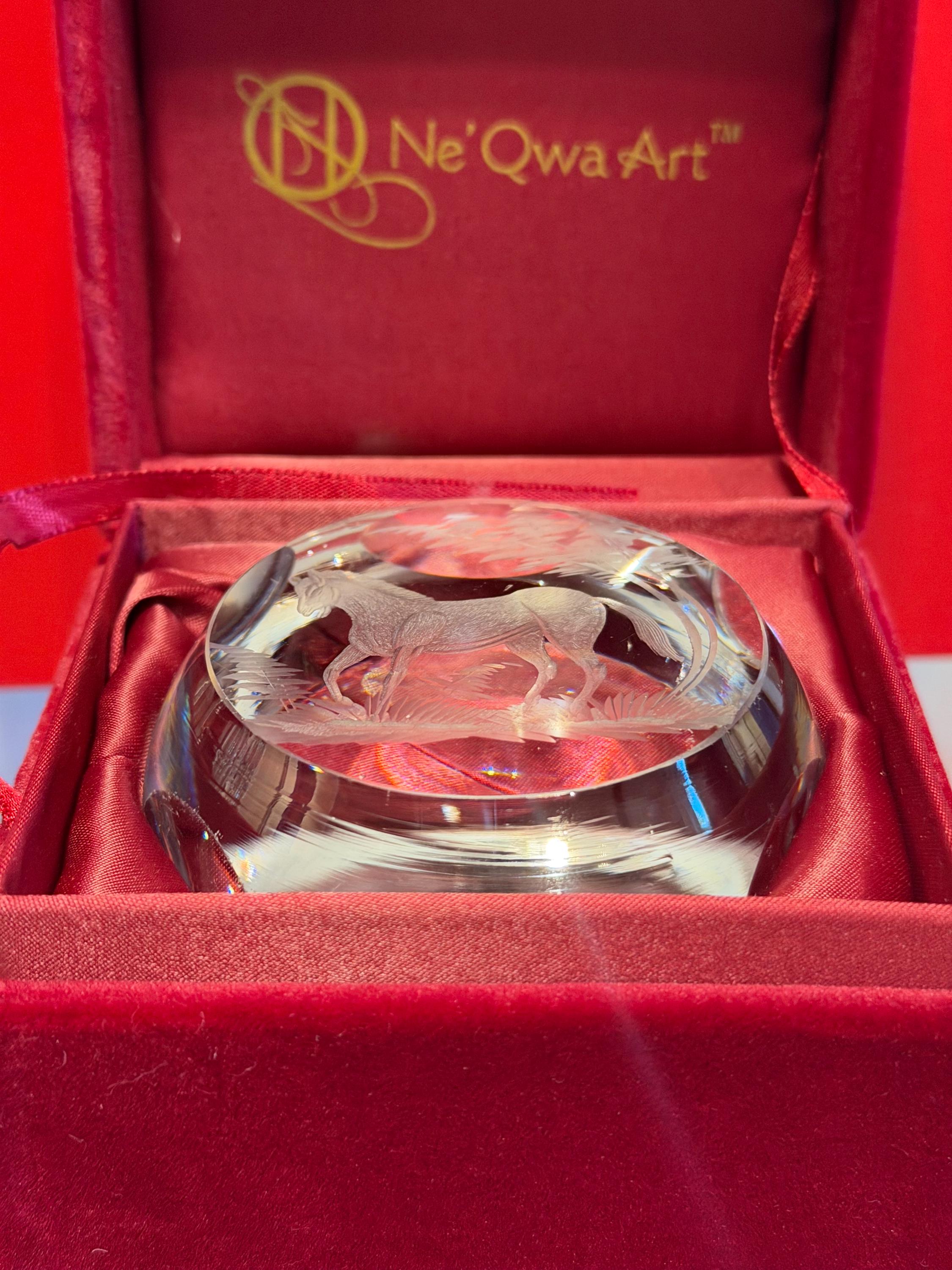Crystal Horse Paperweight – Equestrian Scene – Original Velvet Box Ne’Qwa Art Hand-engraved