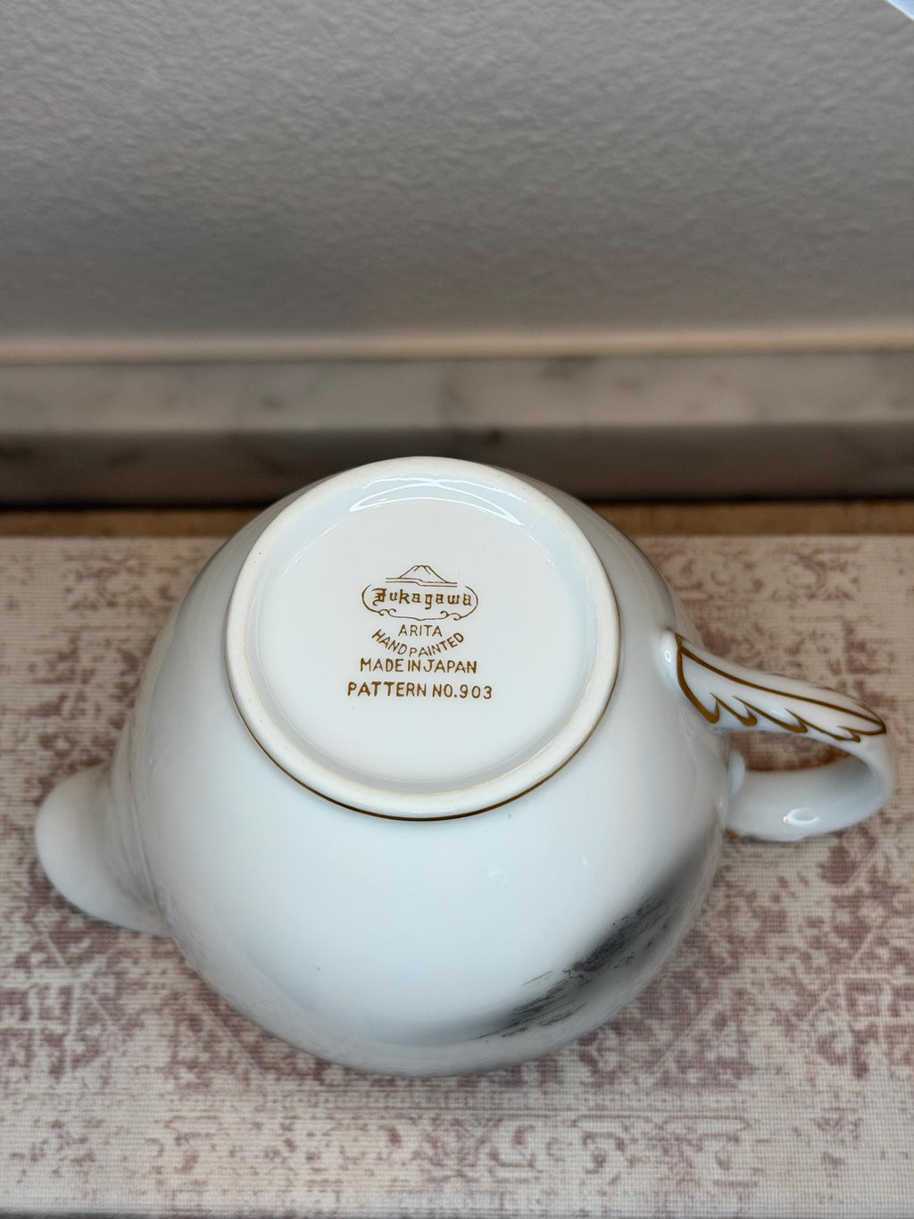 Fukagawa Arita Cream and Sugar Set, Japanese Porcelain Pagoda Landscape