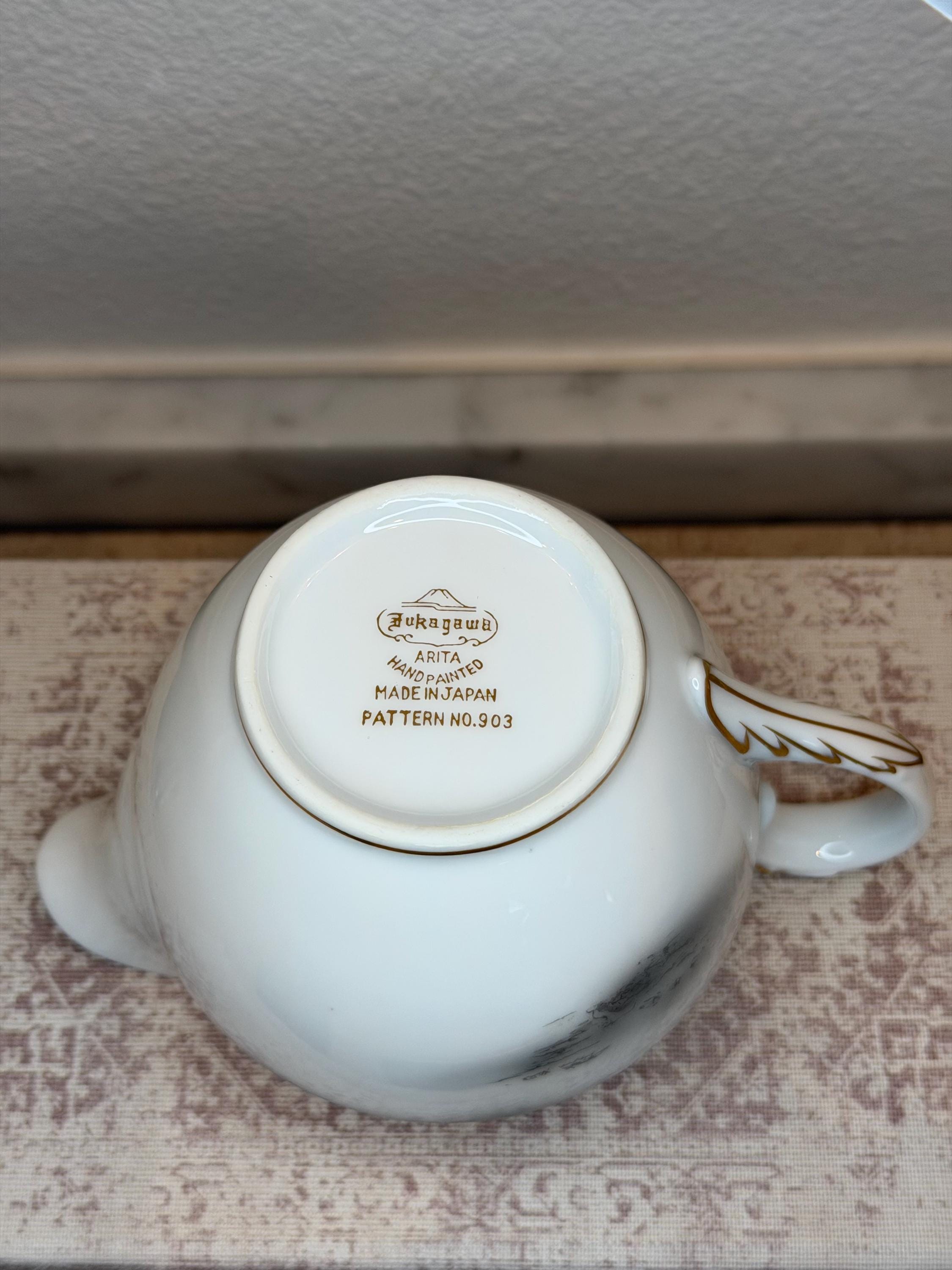 Fukagawa Arita Cream and Sugar Set, Japanese Porcelain Pagoda Landscape