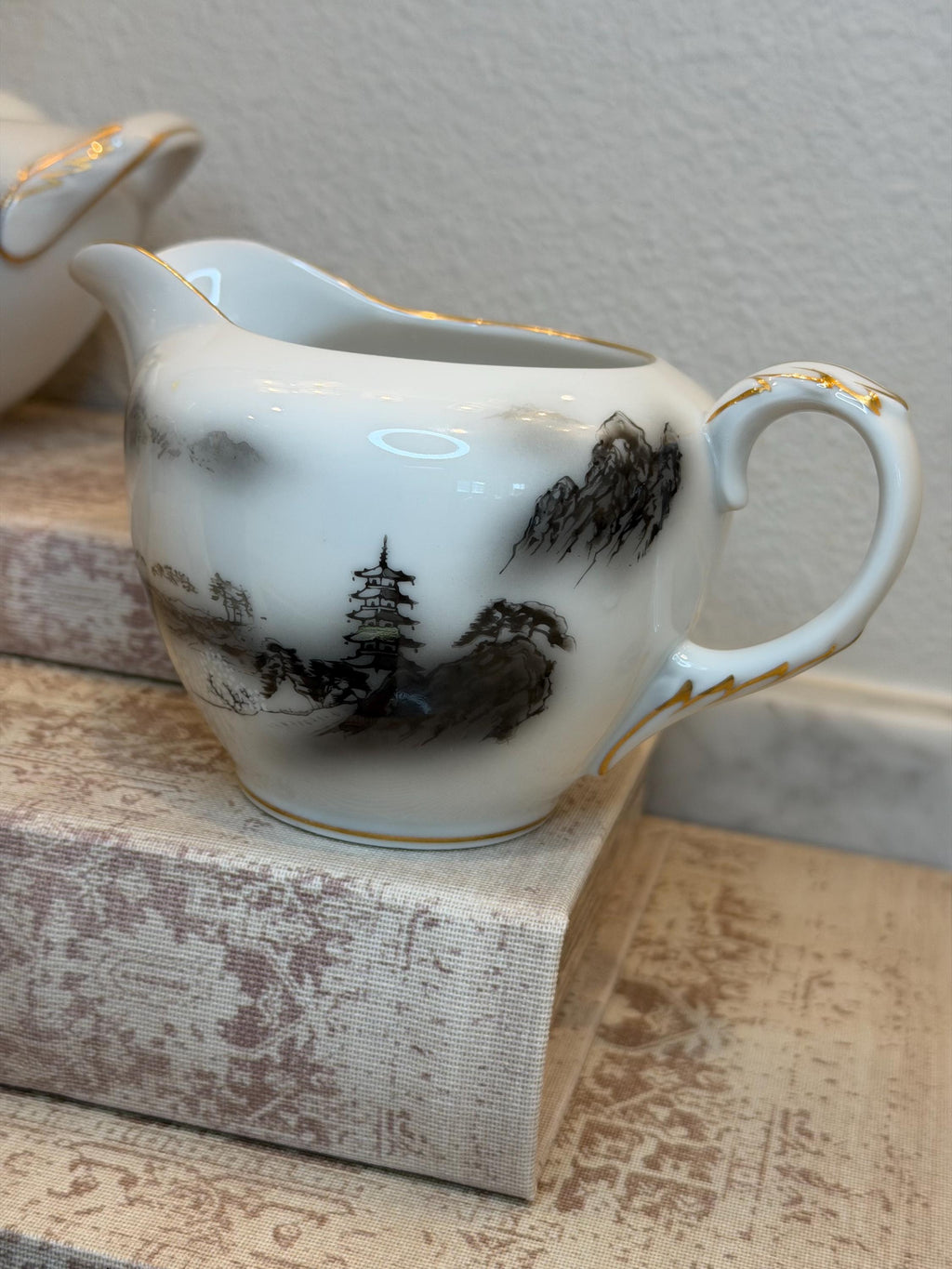 Fukagawa Arita Cream and Sugar Set, Japanese Porcelain Pagoda Landscape