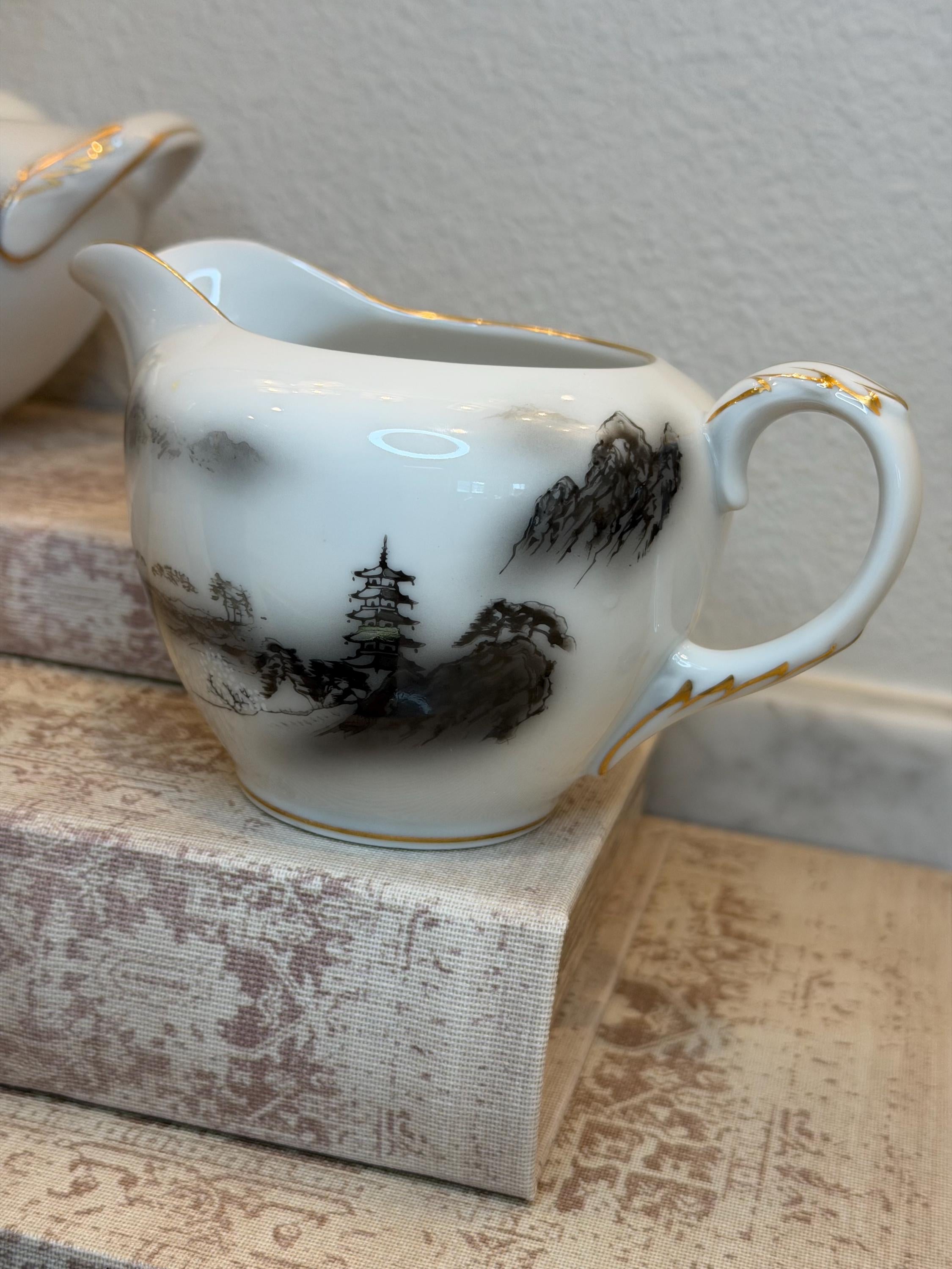 Fukagawa Arita Cream and Sugar Set, Japanese Porcelain Pagoda Landscape
