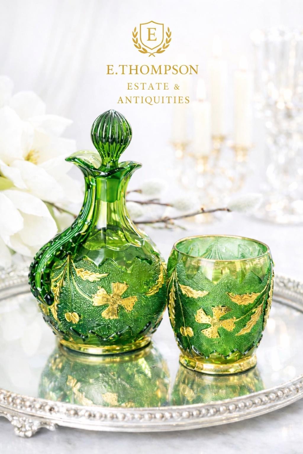 Emerald Green Glass Pitcher | Gilt Ivy & Floral Stopper