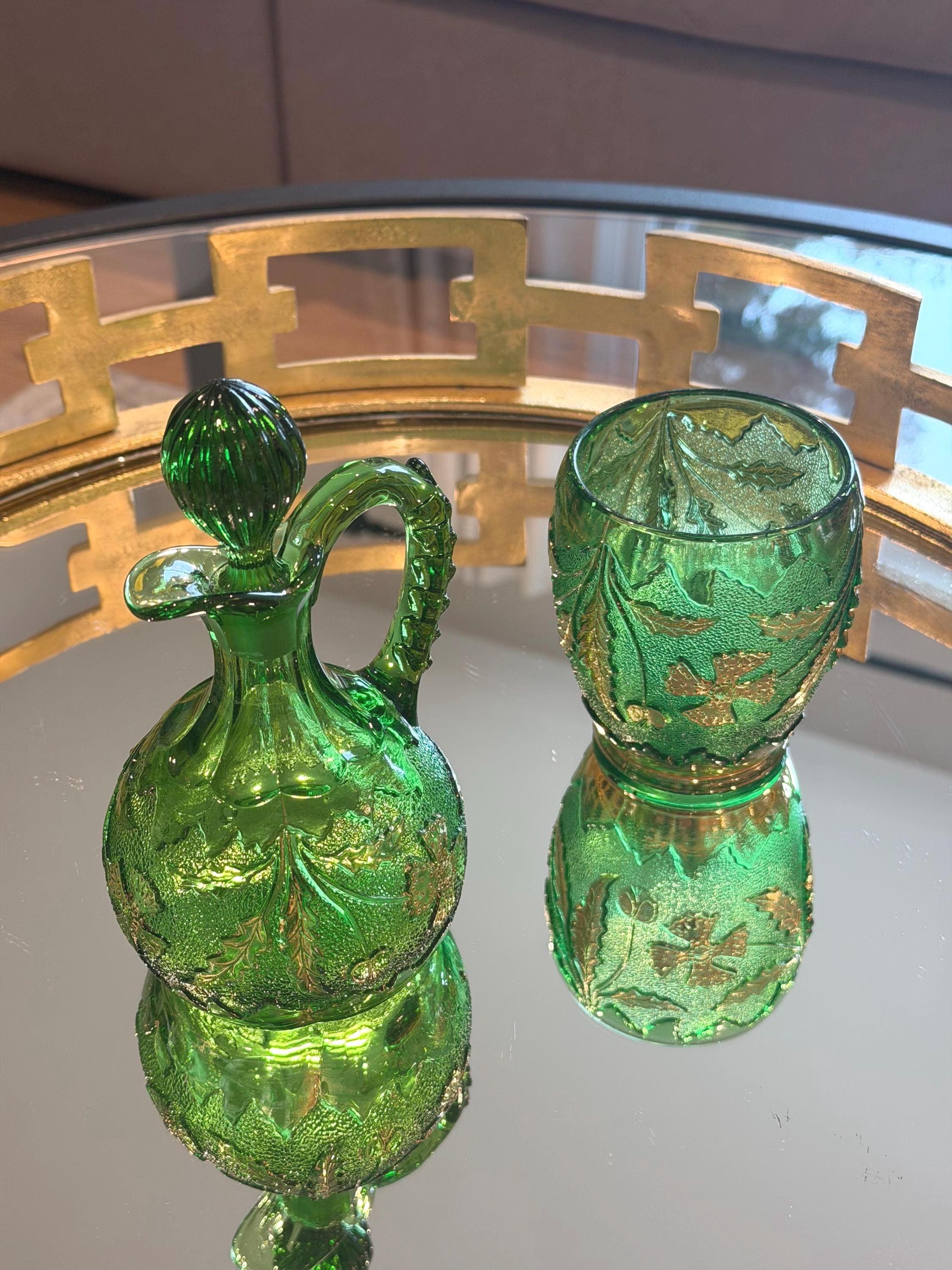 Emerald Green Glass Pitcher | Gilt Ivy & Floral Stopper