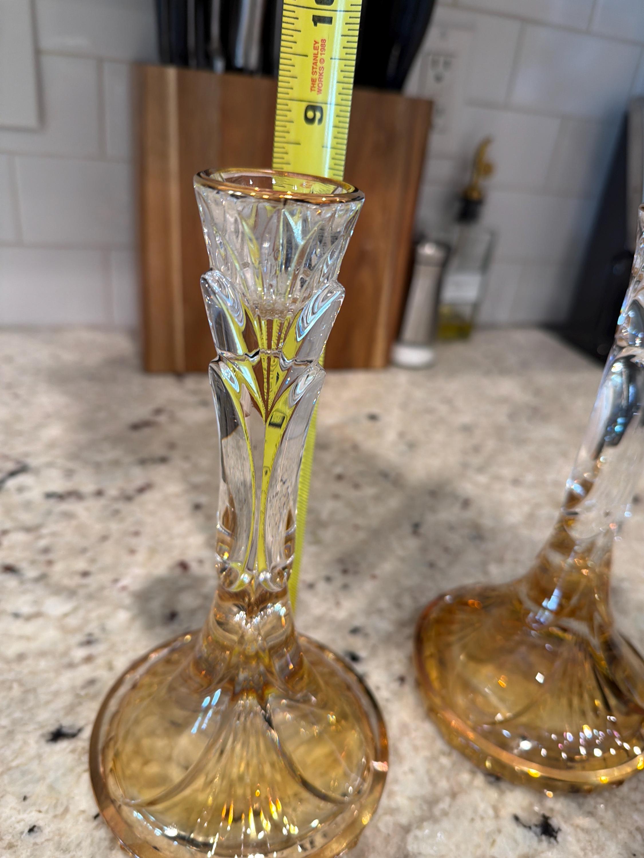 Amber Cut Crystal Candlestick Holders, Gold Rim Pair