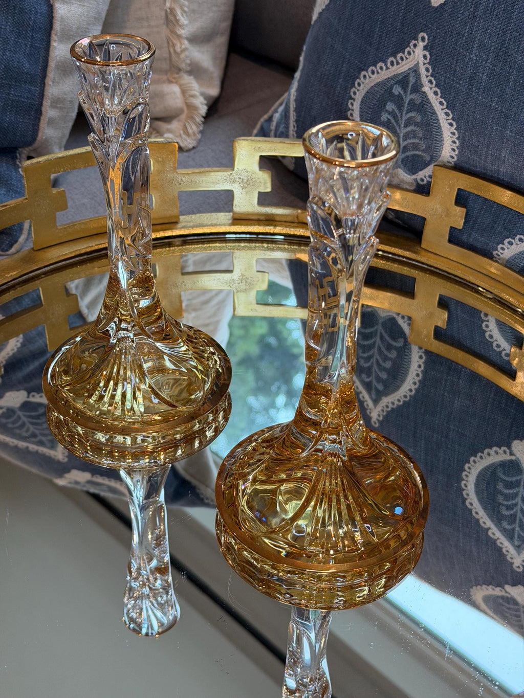 Amber Cut Crystal Candlestick Holders, Gold Rim Pair
