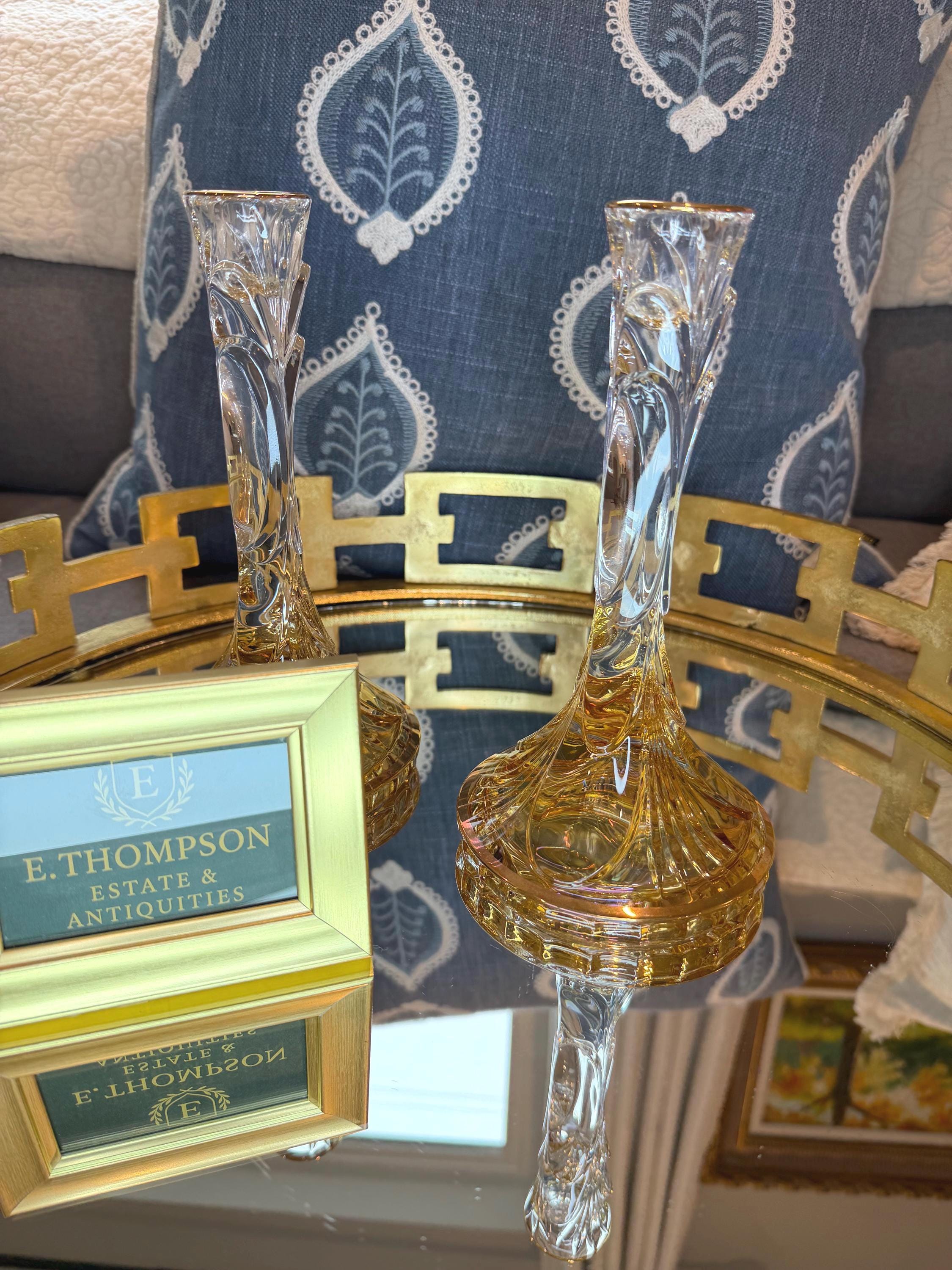 Amber Cut Crystal Candlestick Holders, Gold Rim Pair