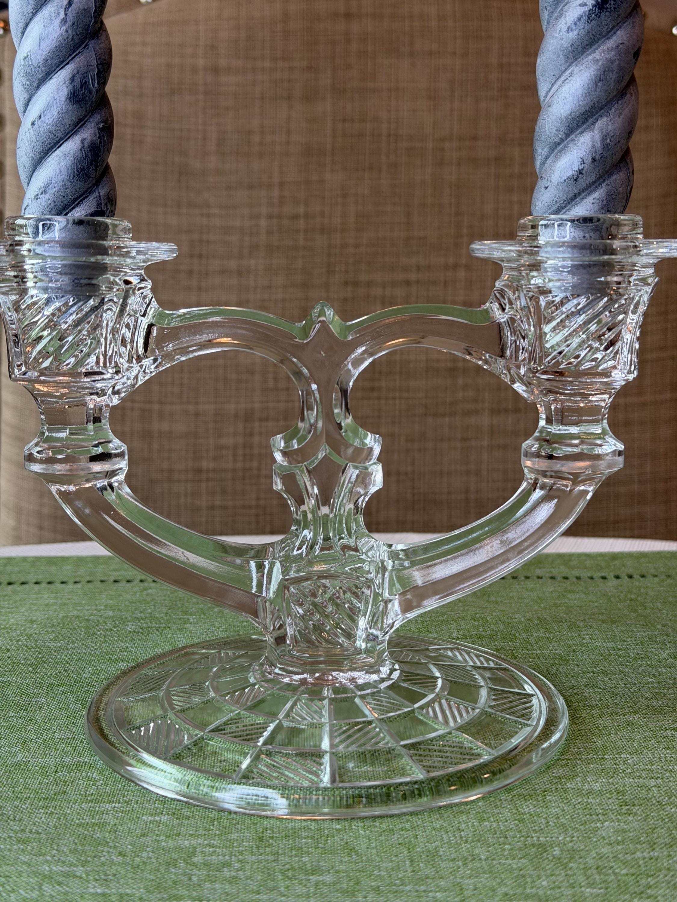 Double Candlestick | Vintage Pressed Glass Candelabra Art Deco
