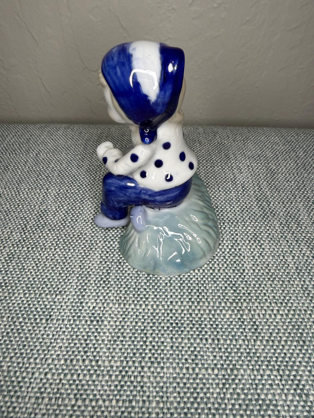 Japanese Porcelain Child Figurine, Blue Polka Dot Nursery Decor