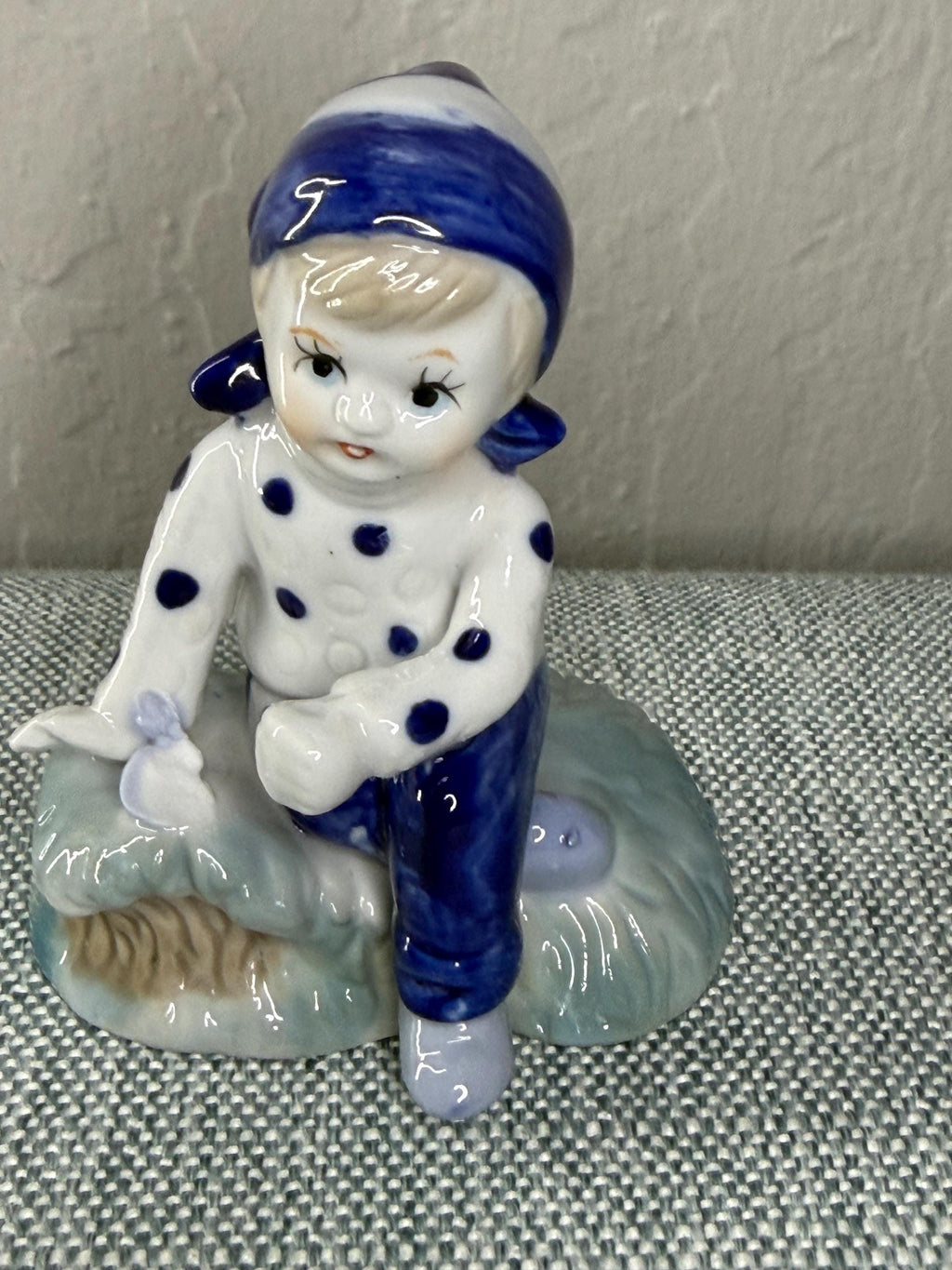 Japanese Porcelain Child Figurine, Blue Polka Dot Nursery Decor