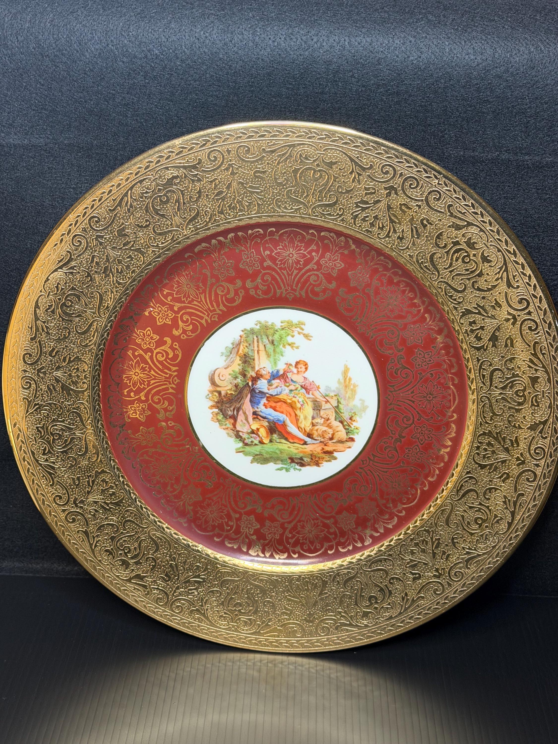 Limoges France Cabinet Plates Set of Three Red and Gold Gilt Encrusted Romantic