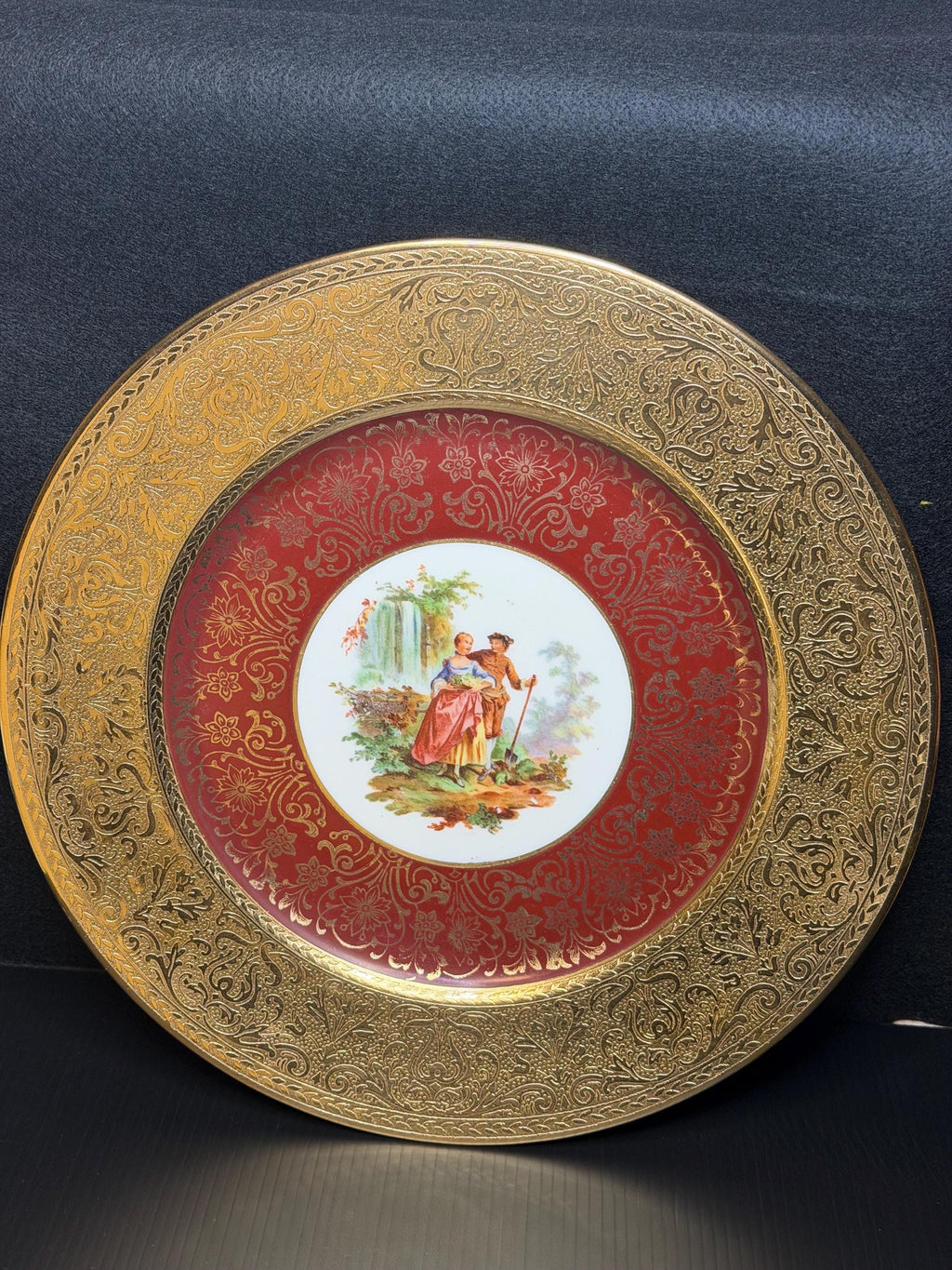 Limoges France Cabinet Plates Set of Three Red and Gold Gilt Encrusted Romantic