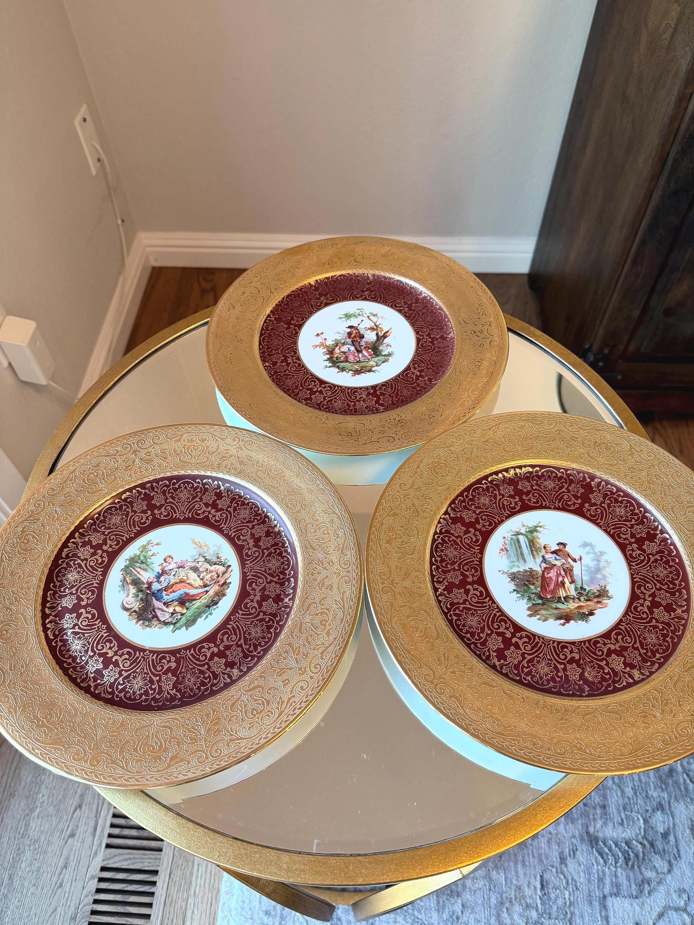 Limoges France Cabinet Plates Set of Three Red and Gold Gilt Encrusted Romantic