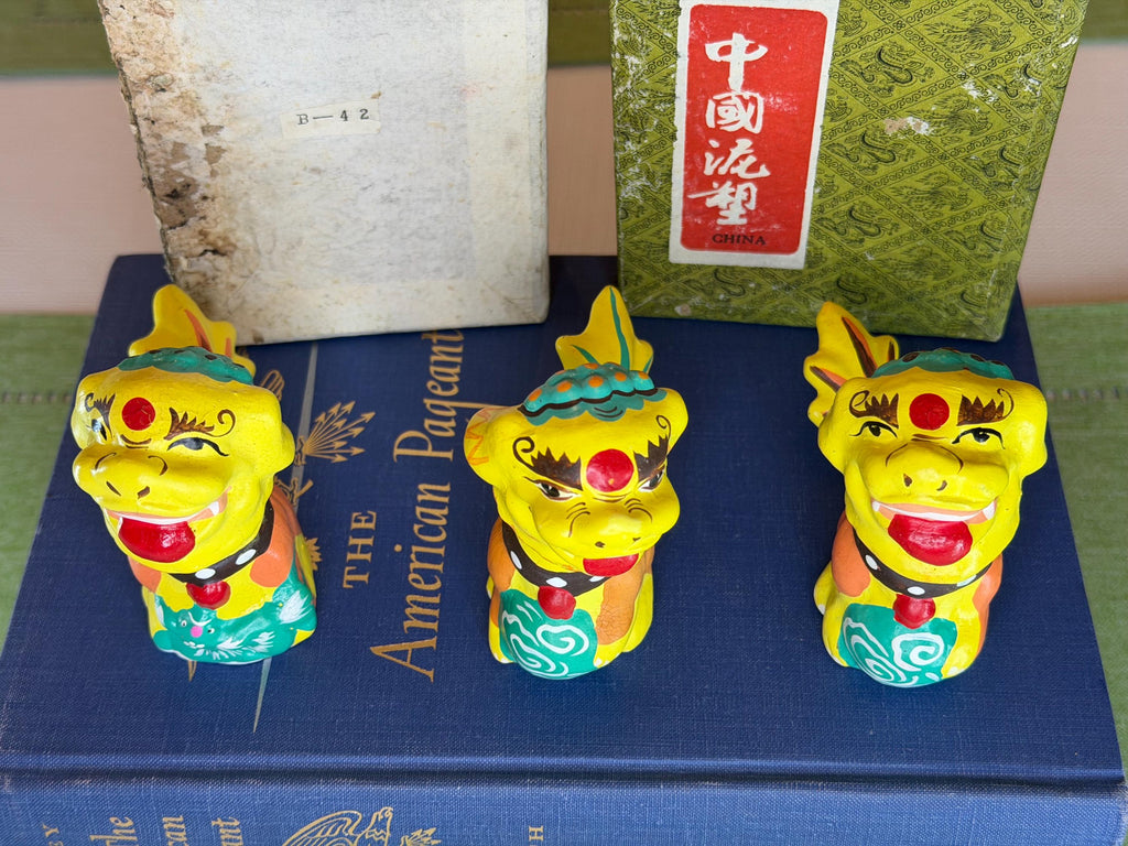 Foo Dogs Set: Hand-Painted Guardian Lions, Mid-Century Nodders (1950s) Chinese