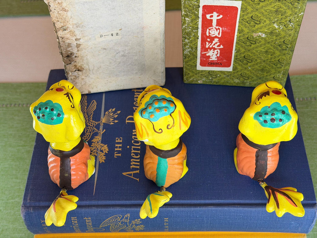 Foo Dogs Set: Hand-Painted Guardian Lions, Mid-Century Nodders (1950s) Chinese