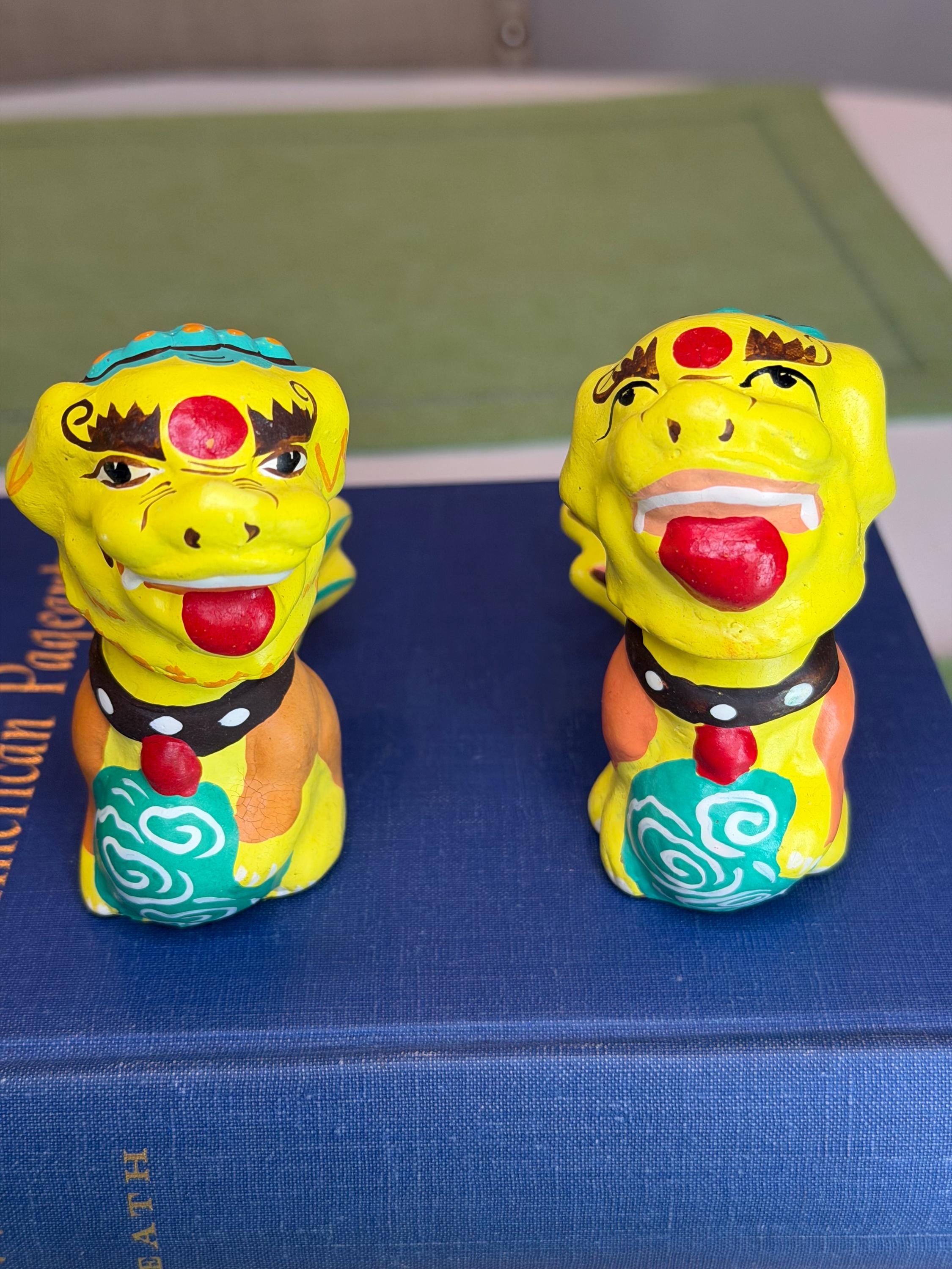Foo Dogs Set: Hand-Painted Guardian Lions, Mid-Century Nodders (1950s) Chinese