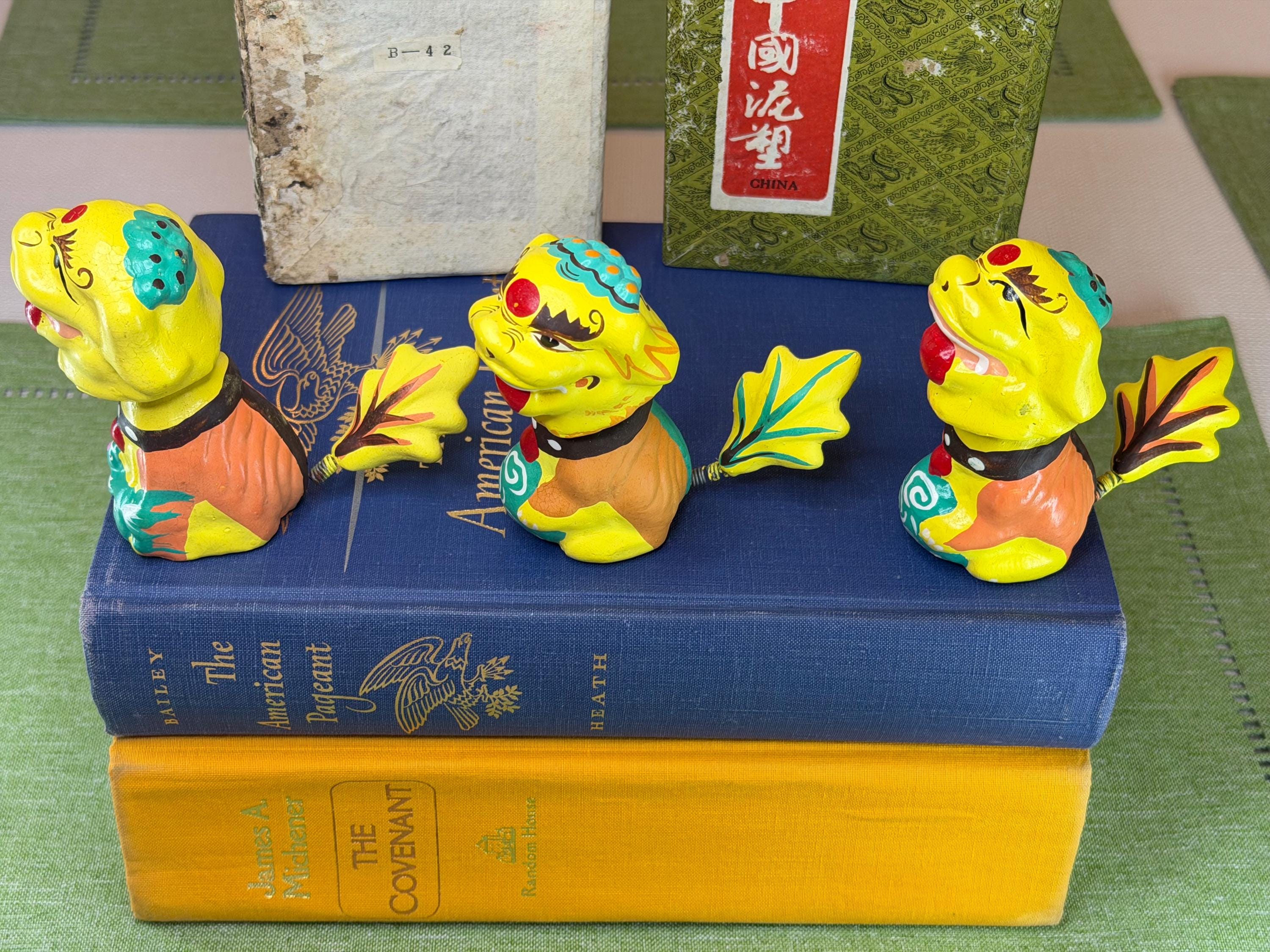 Foo Dogs Set: Hand-Painted Guardian Lions, Mid-Century Nodders (1950s) Chinese
