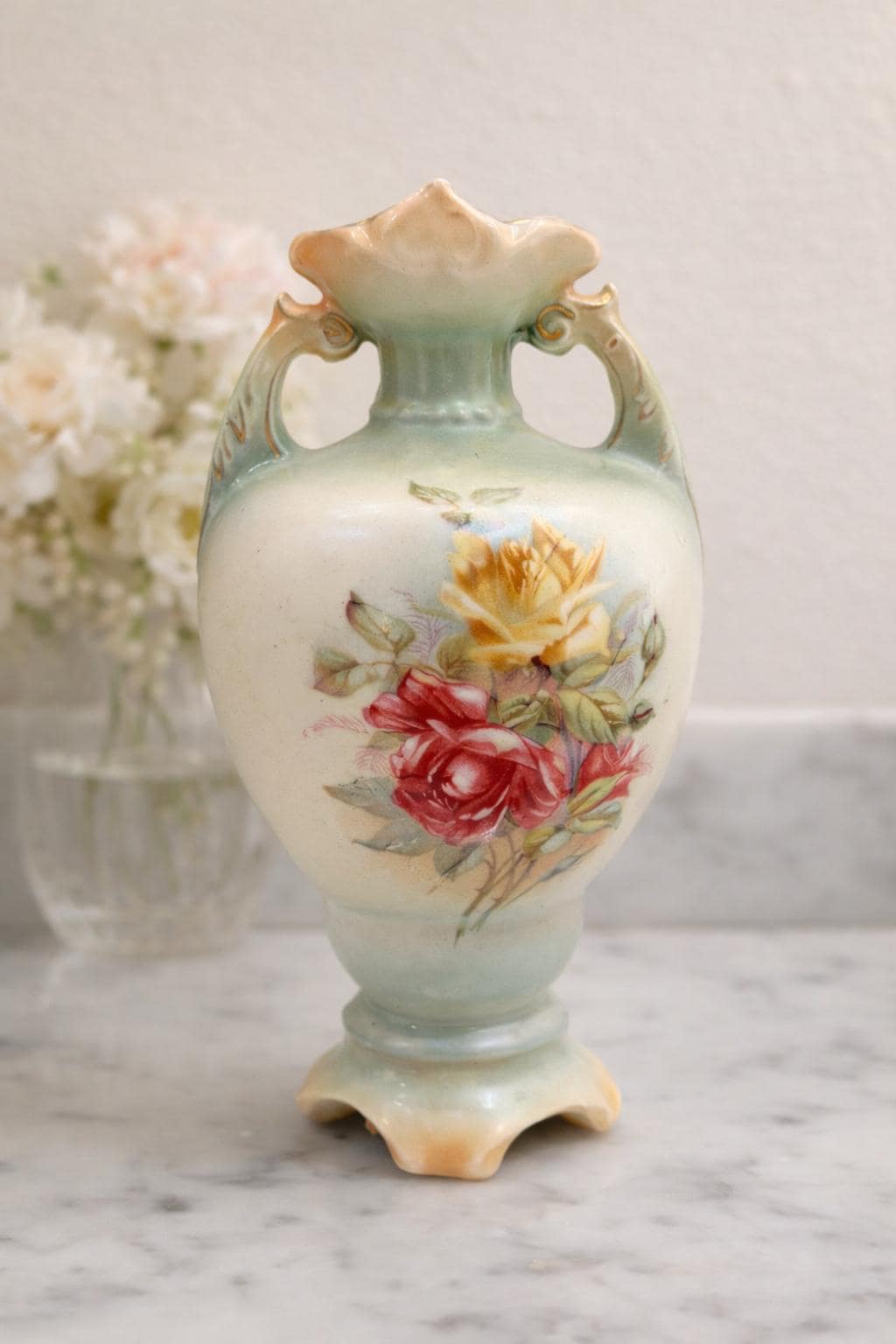 Victorian Floral Porcelain Vase Antique Hand Painted Rose Vase c. 1900