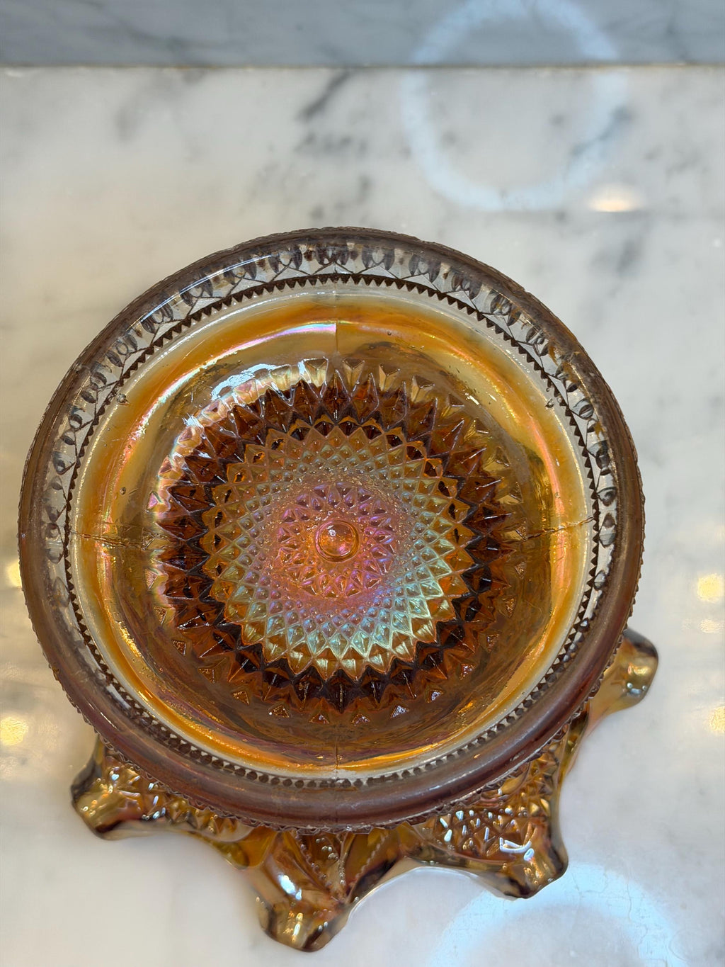 Imperial Marigold Carnival Glass Punch Bowl Base – Iridescent Ruffled Pedestal Centerpiece