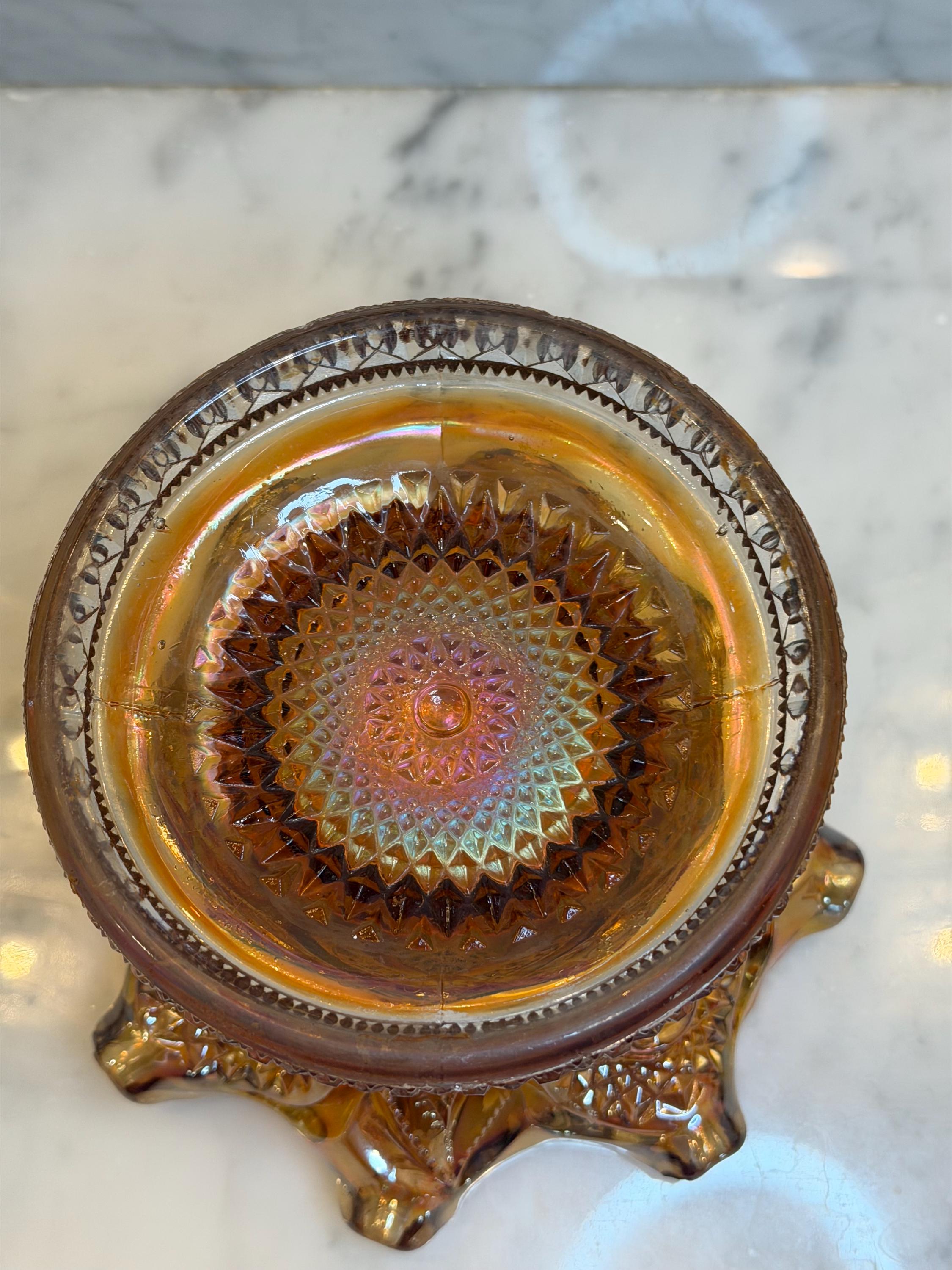 Imperial Marigold Carnival Glass Punch Bowl Base – Iridescent Ruffled Pedestal Centerpiece