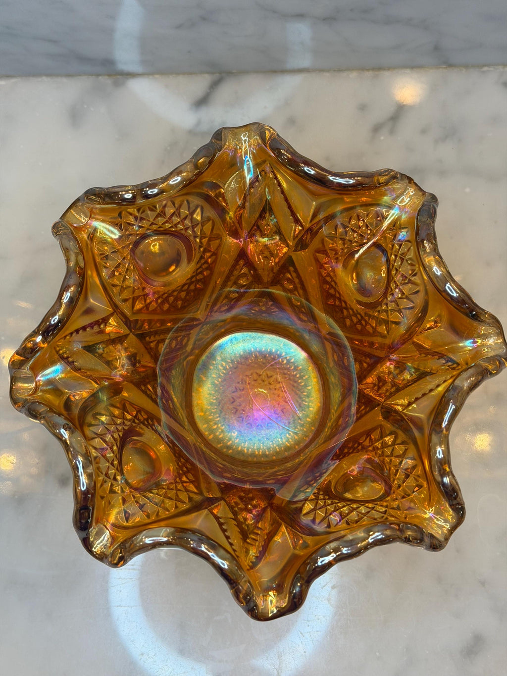 Imperial Marigold Carnival Glass Punch Bowl Base – Iridescent Ruffled Pedestal Centerpiece