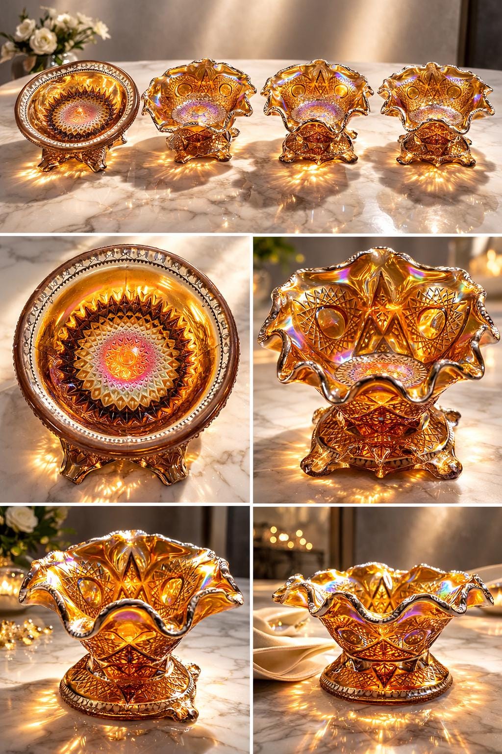 Imperial Marigold Carnival Glass Punch Bowl Base – Iridescent Ruffled Pedestal Centerpiece