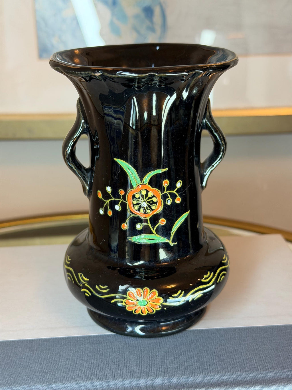 Hand Painted Spanish Ceramic Vase: Black Glaze Folk Art Mediterranean Floral Decor