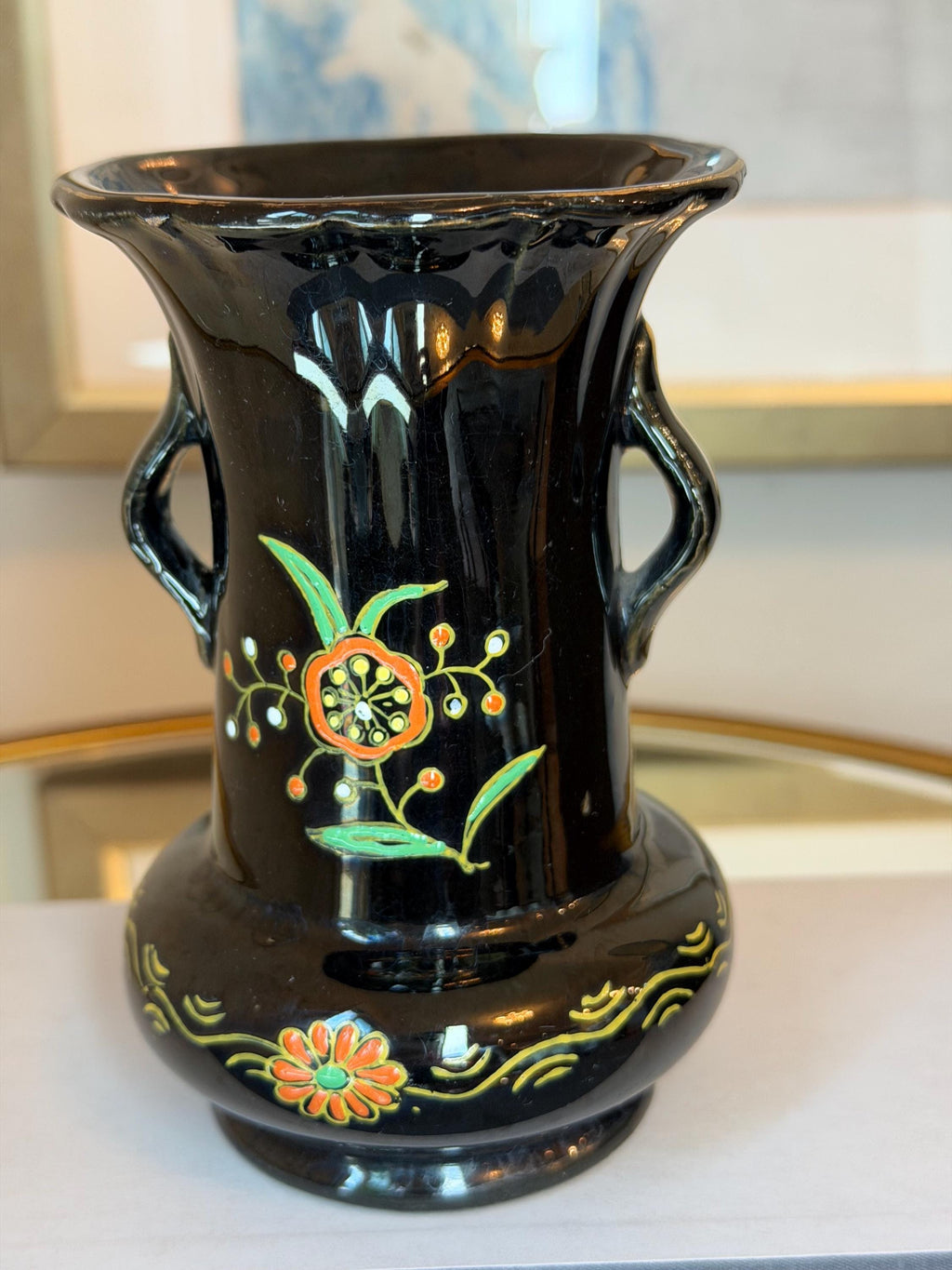 Hand Painted Spanish Ceramic Vase: Black Glaze Folk Art Mediterranean Floral Decor