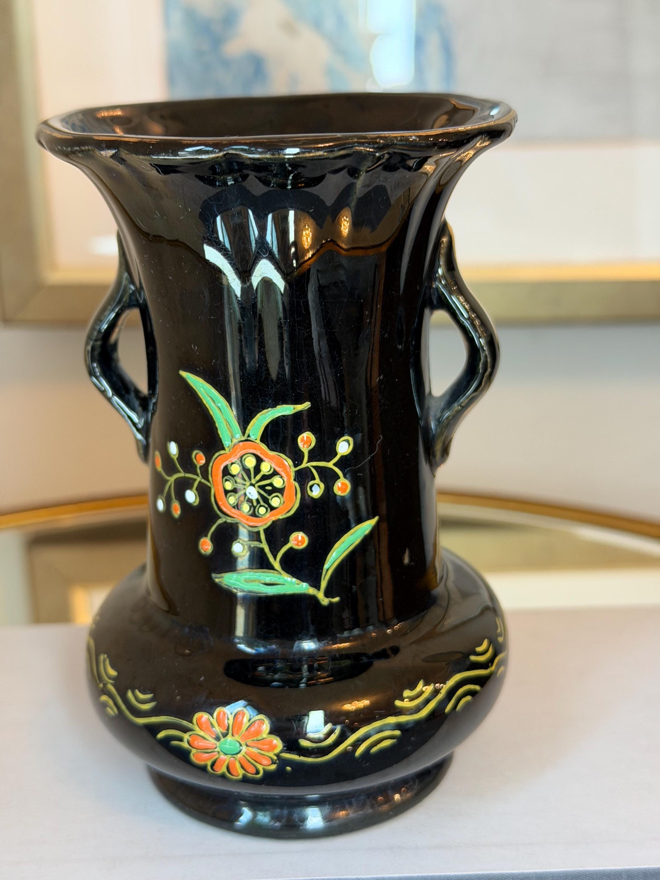 Hand Painted Spanish Ceramic Vase: Black Glaze Folk Art Mediterranean Floral Decor